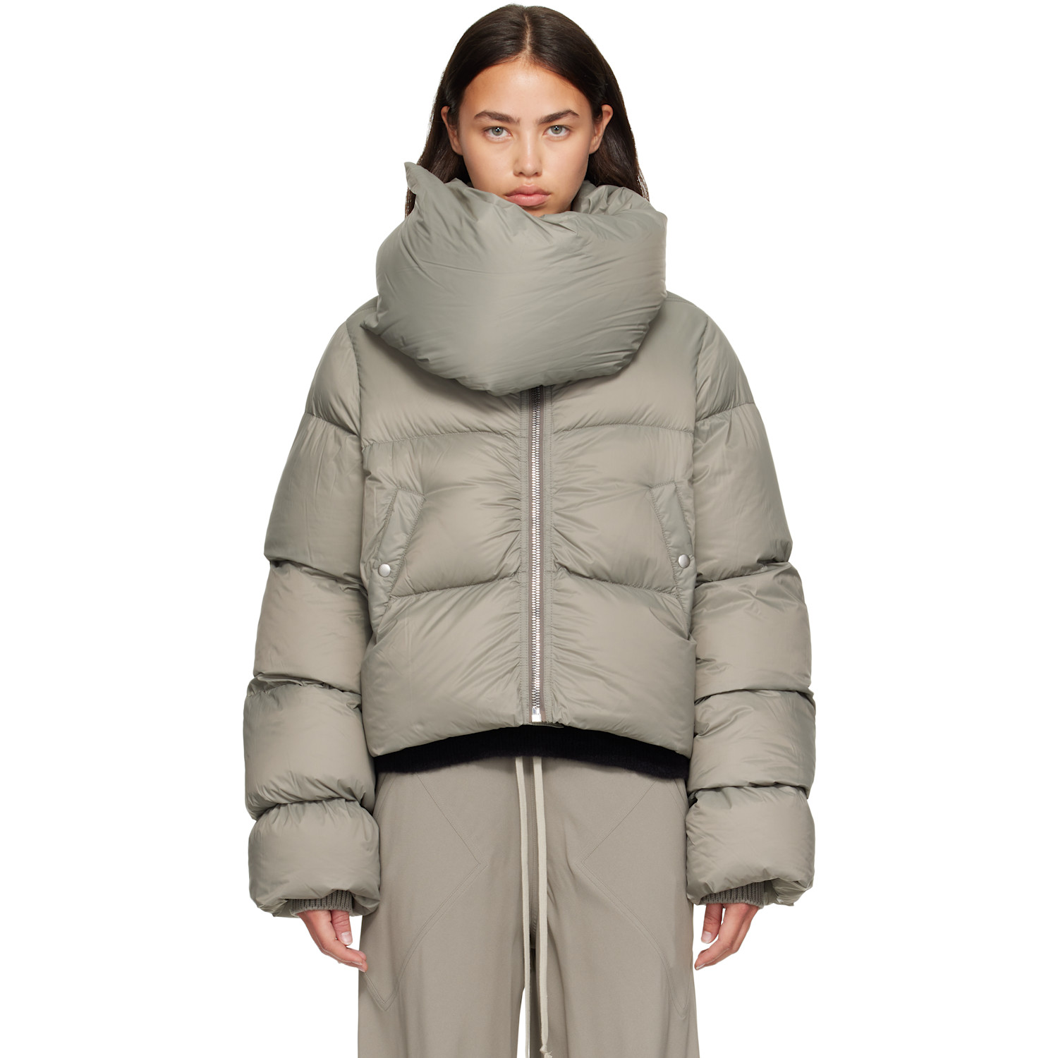 Rick Owens Gray Tower Funnel Neck Down Jacket