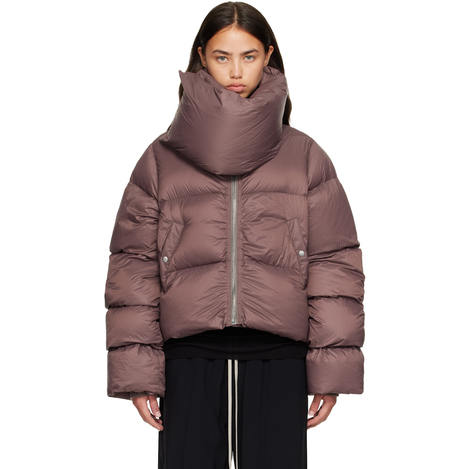 Rick Owens Burgundy Tower Funnel Neck Down Jacket