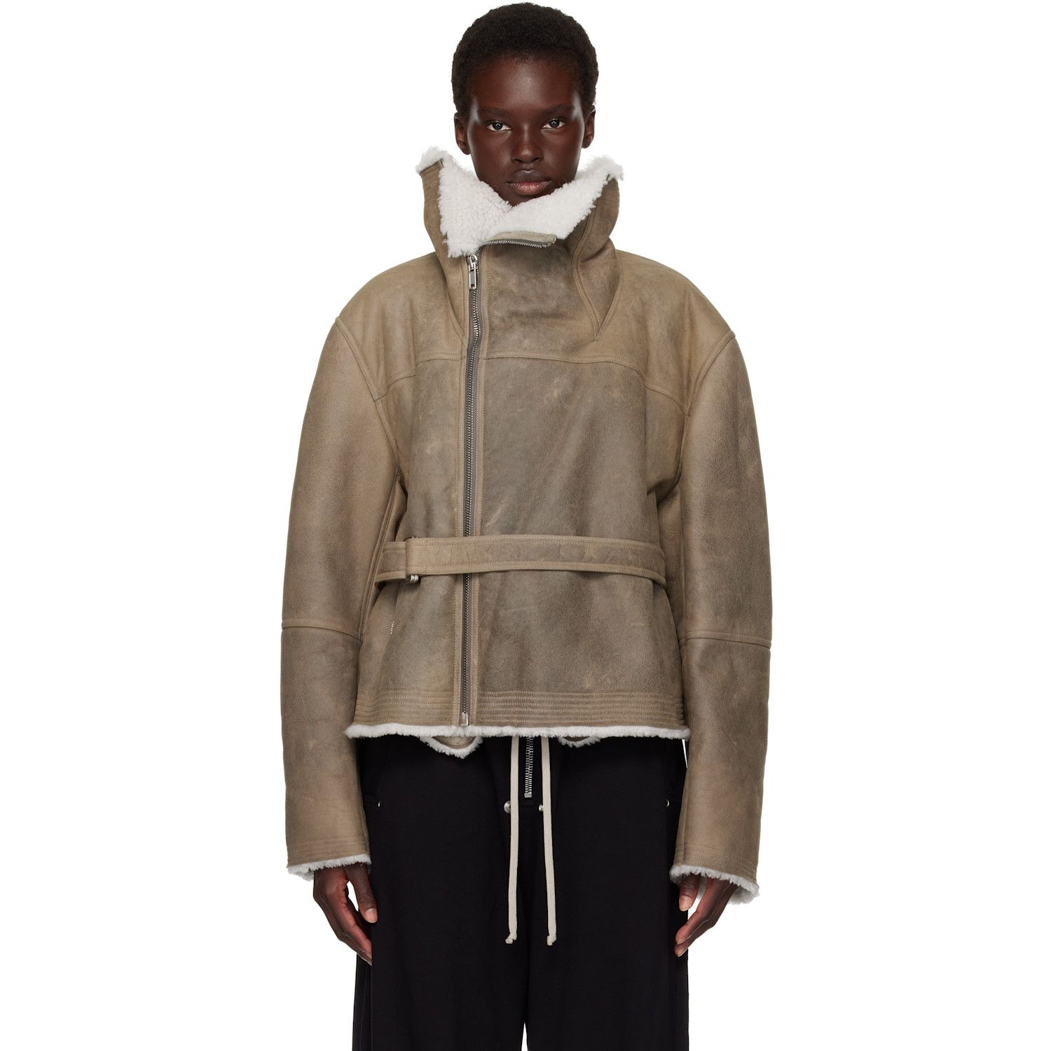 Rick Owens Gray Tower Shearling Cropped Flight Jacket