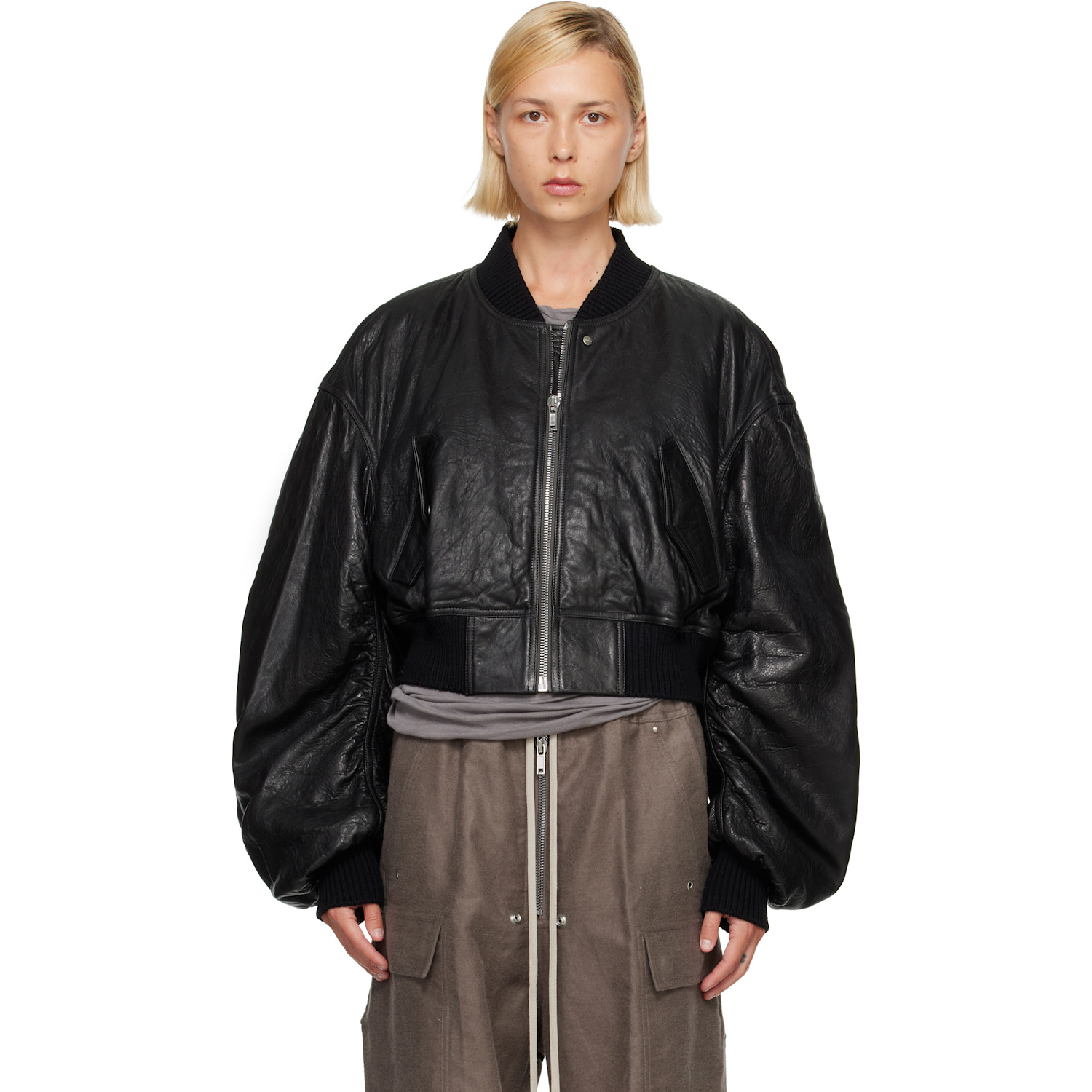 Rick Owens Black Tower Secchia Cropped Leather Flight Jacket