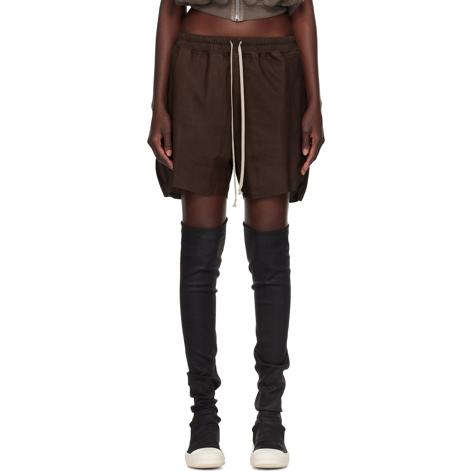 Rick Owens Brown Tower Boxers Leather Shorts