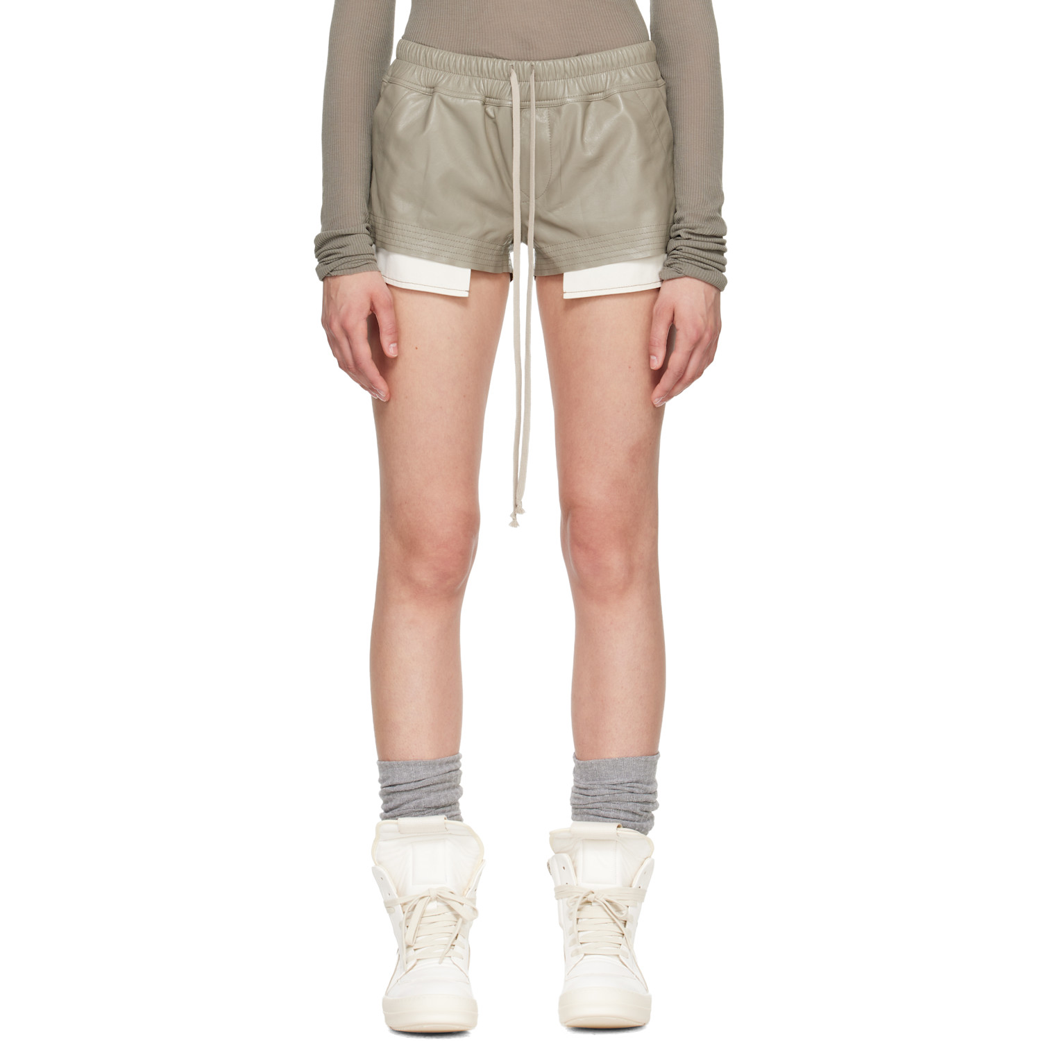 Rick Owens Taupe Tower Fog Boxer Leather Shorts