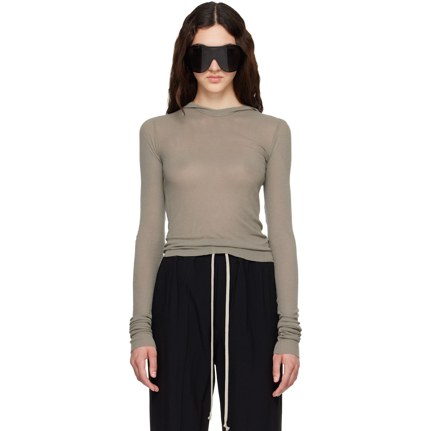 Rick Owens Taupe Tower Cropped Hooded Rib LS T-shirt
