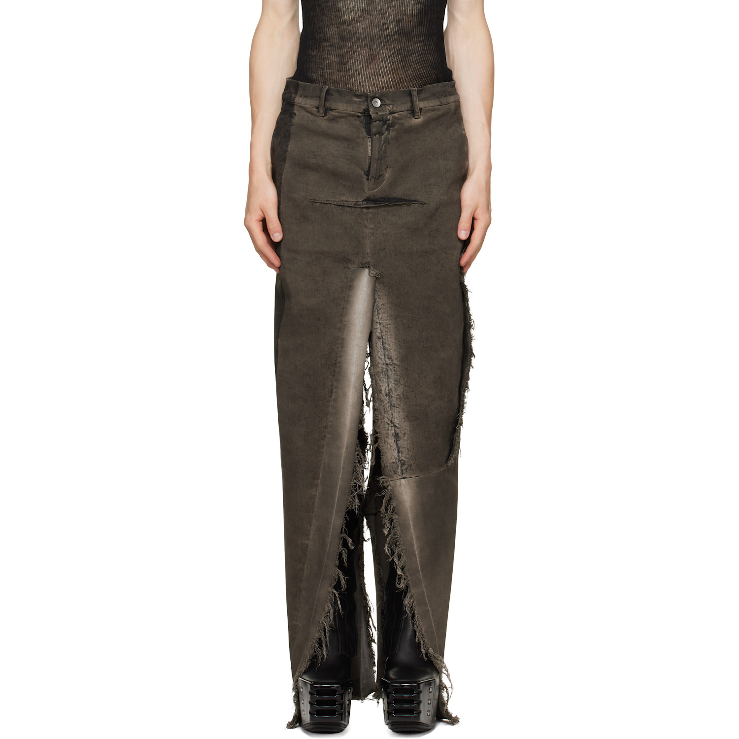 Rick Owens Gray Tower Sliced Denim Maxi Skirt