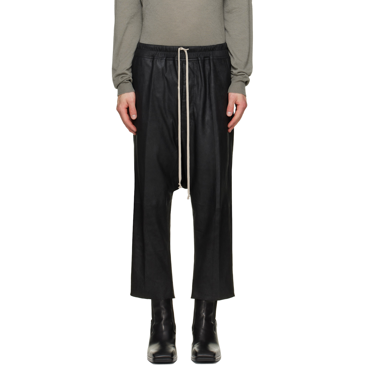 Rick Owens Black Tower Drawstring Cropped Leather Pants