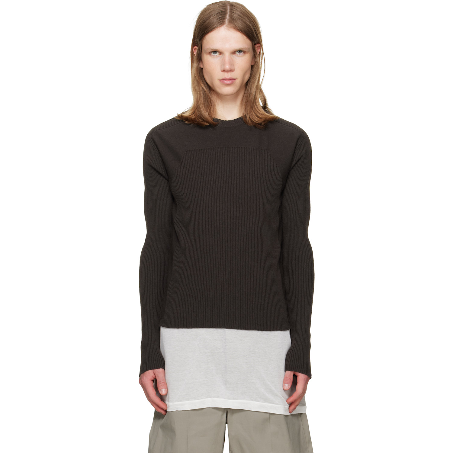 Rick Owens Brown Tower Ribbed Geo Sweater