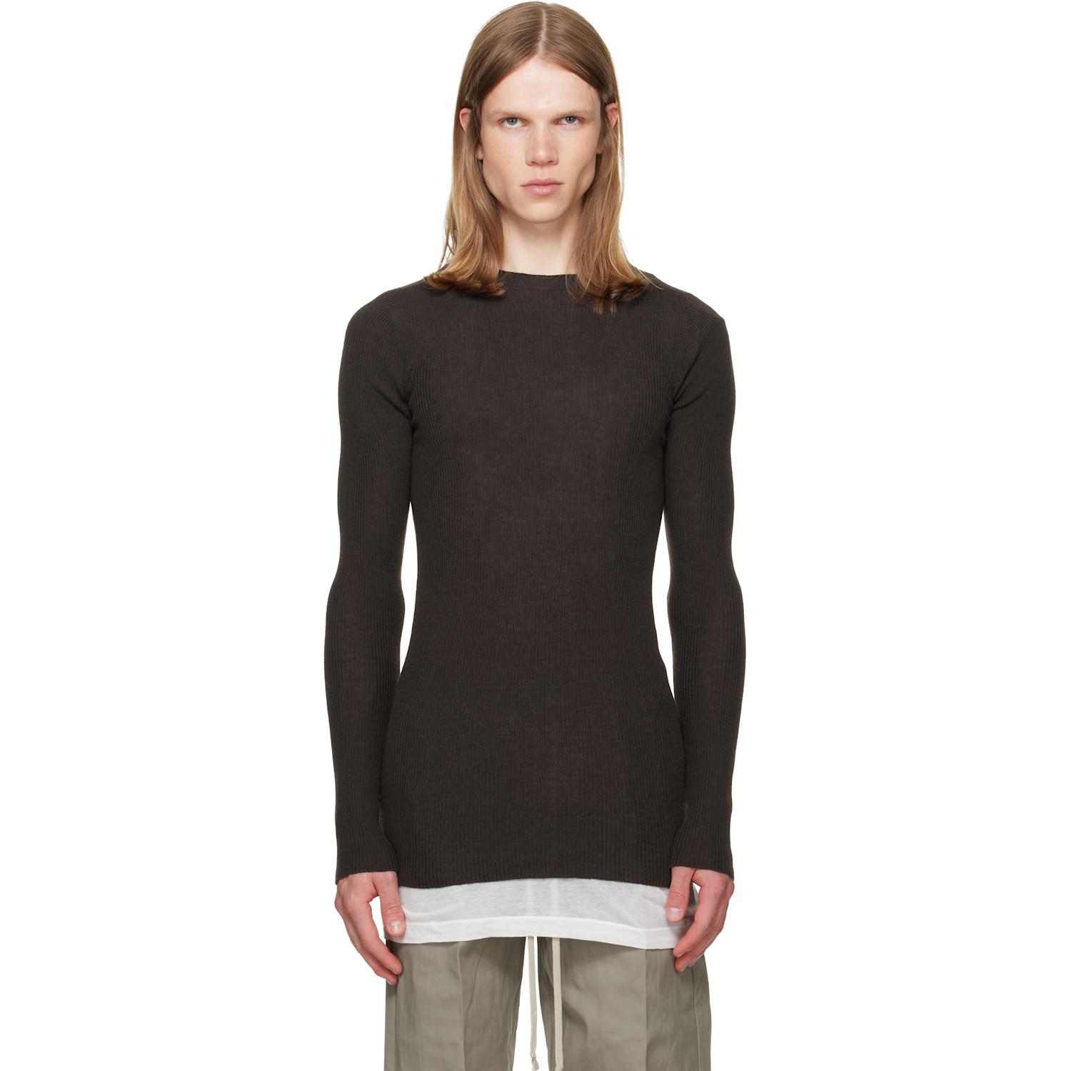 Rick Owens Brown Tower Ribbed Round Neck Sweater