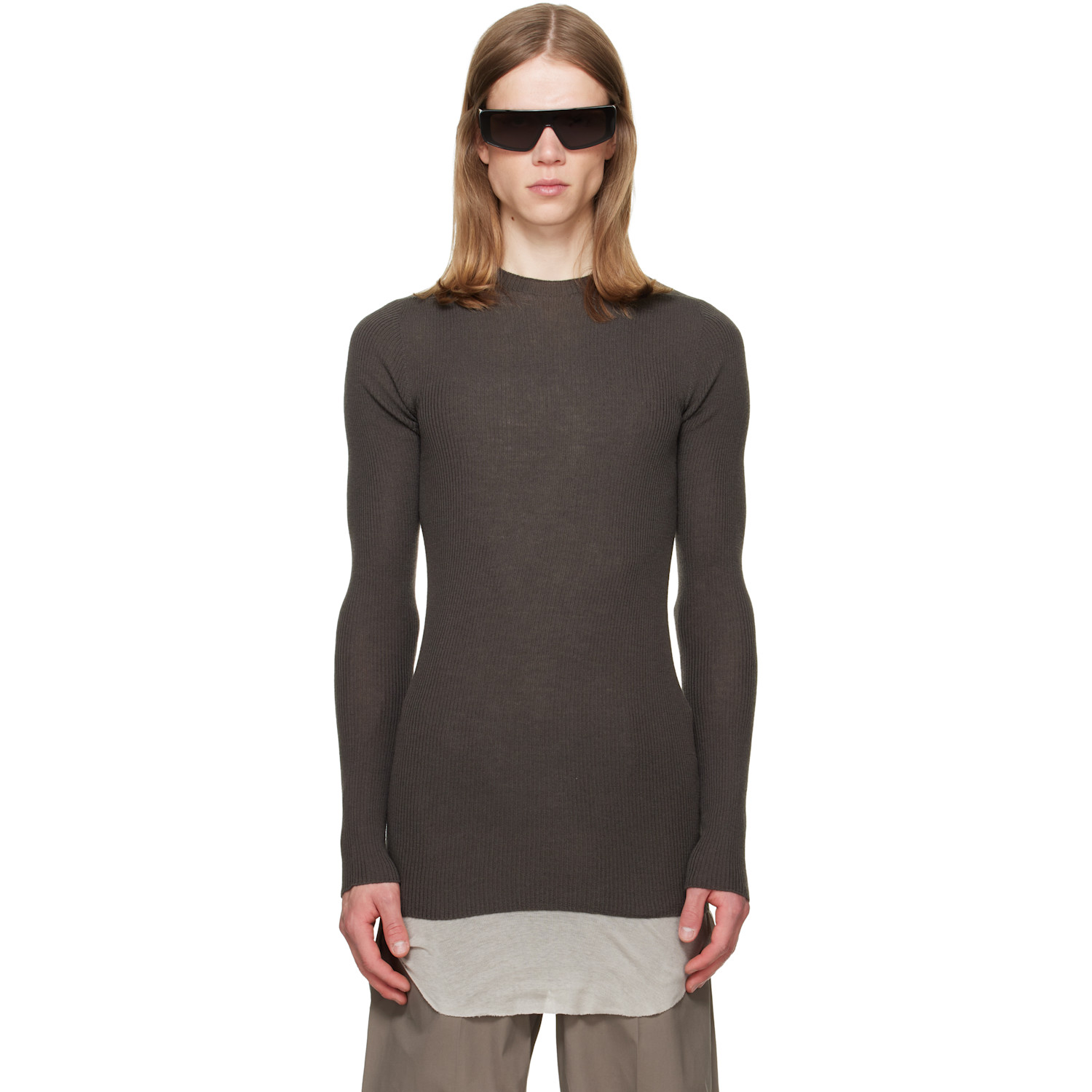 Rick Owens Gray Tower Ribbed Round Neck Sweater