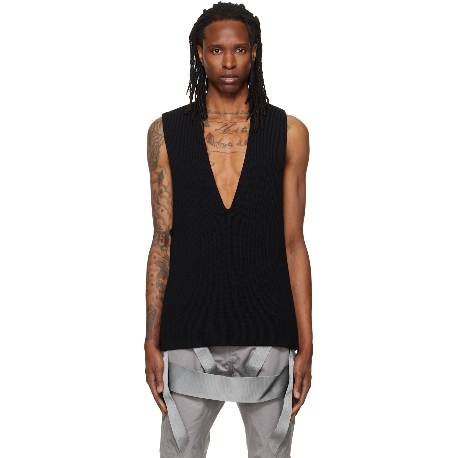 Rick Owens Black Tower Knit V Tank Top