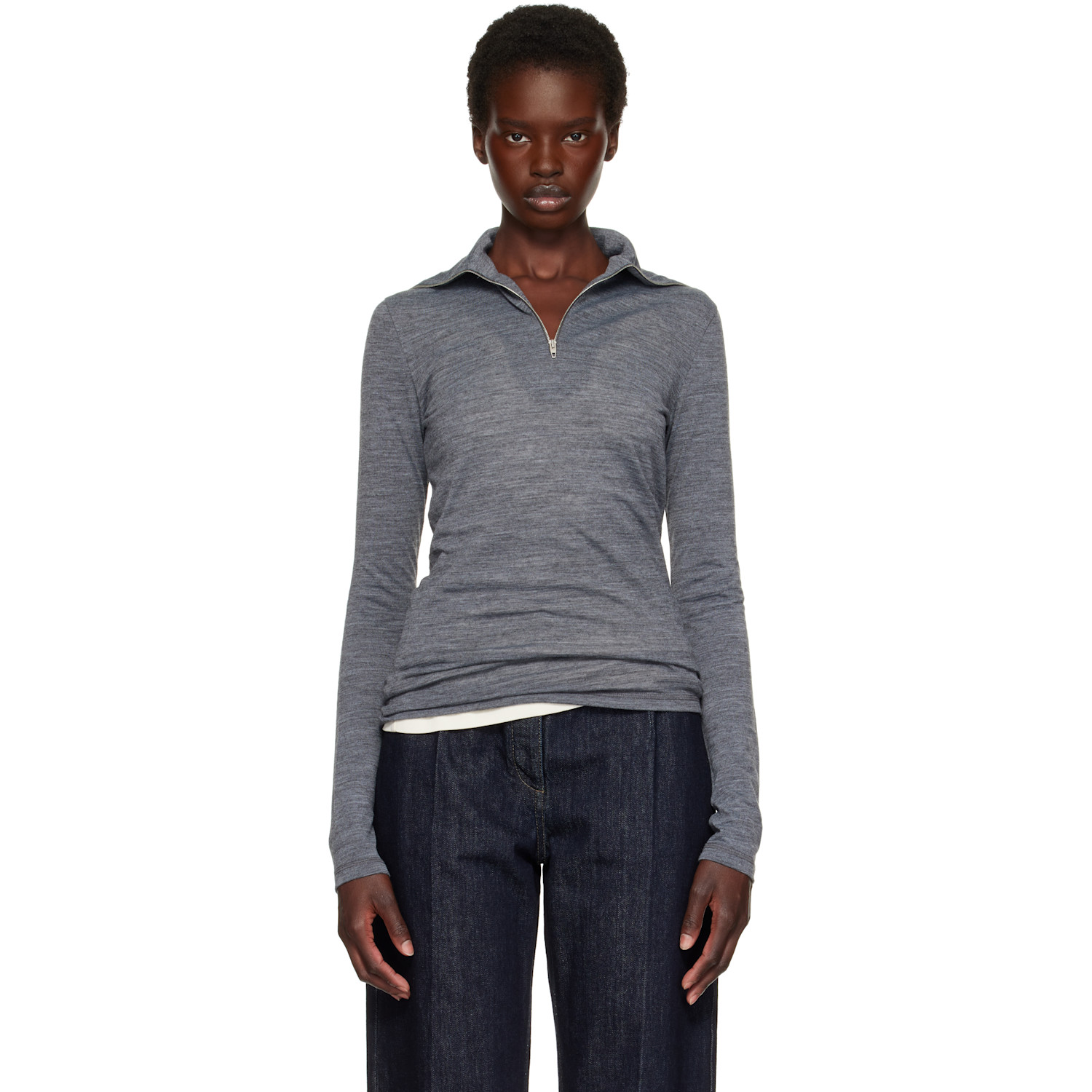 Jil Sander Gray Wool Half Zip Polo