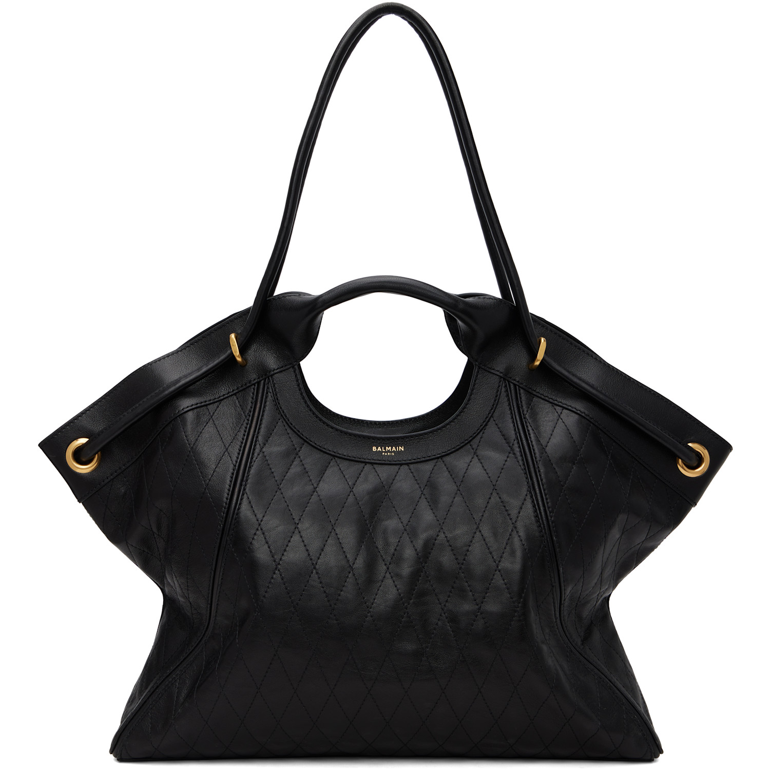 BALMAIN Black Topstitched Leather Large Tote