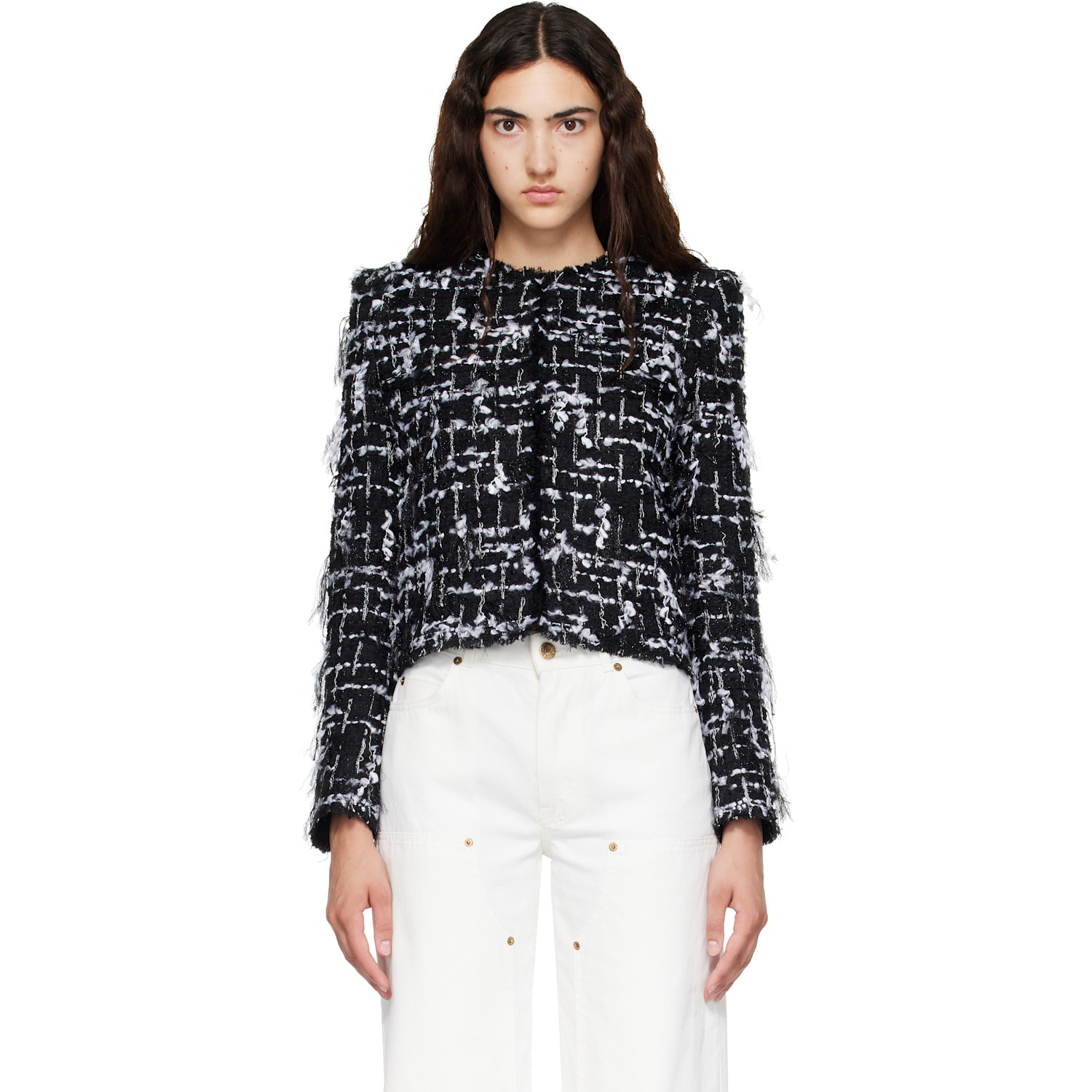 BALMAIN Black & White Cropped Fringed Tweed Jacket