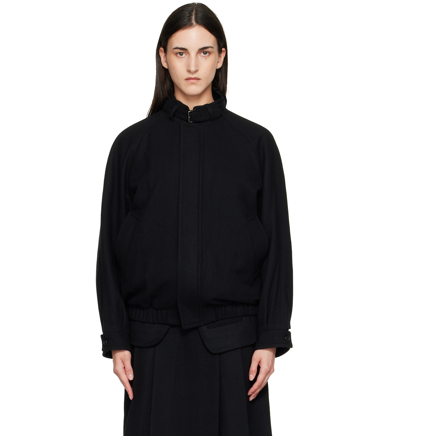 TONYWACK Black Wool Flannel Belted Stand Collar Bomber jacket