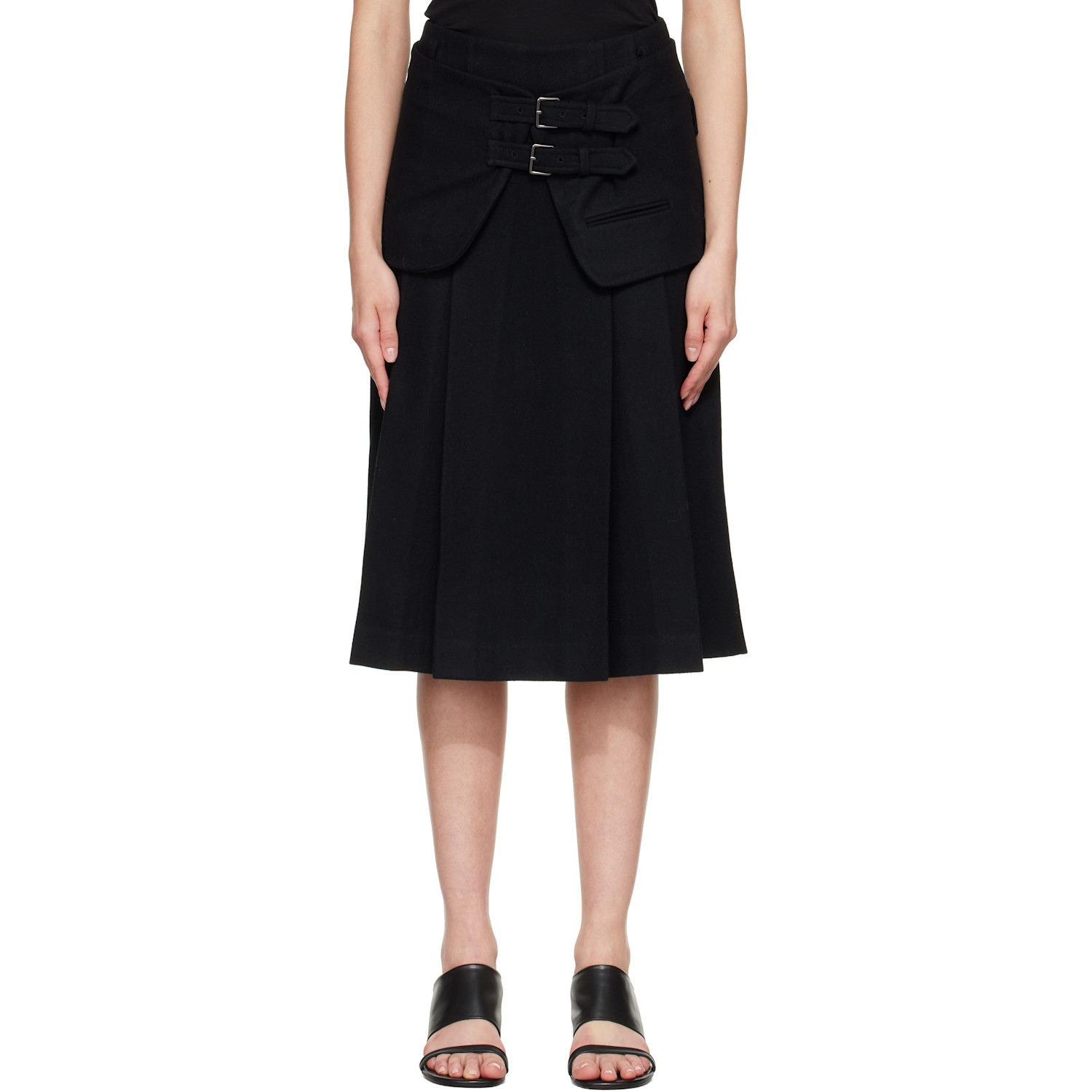 TONYWACK Black Wool Double-Layered Midi Skirt
