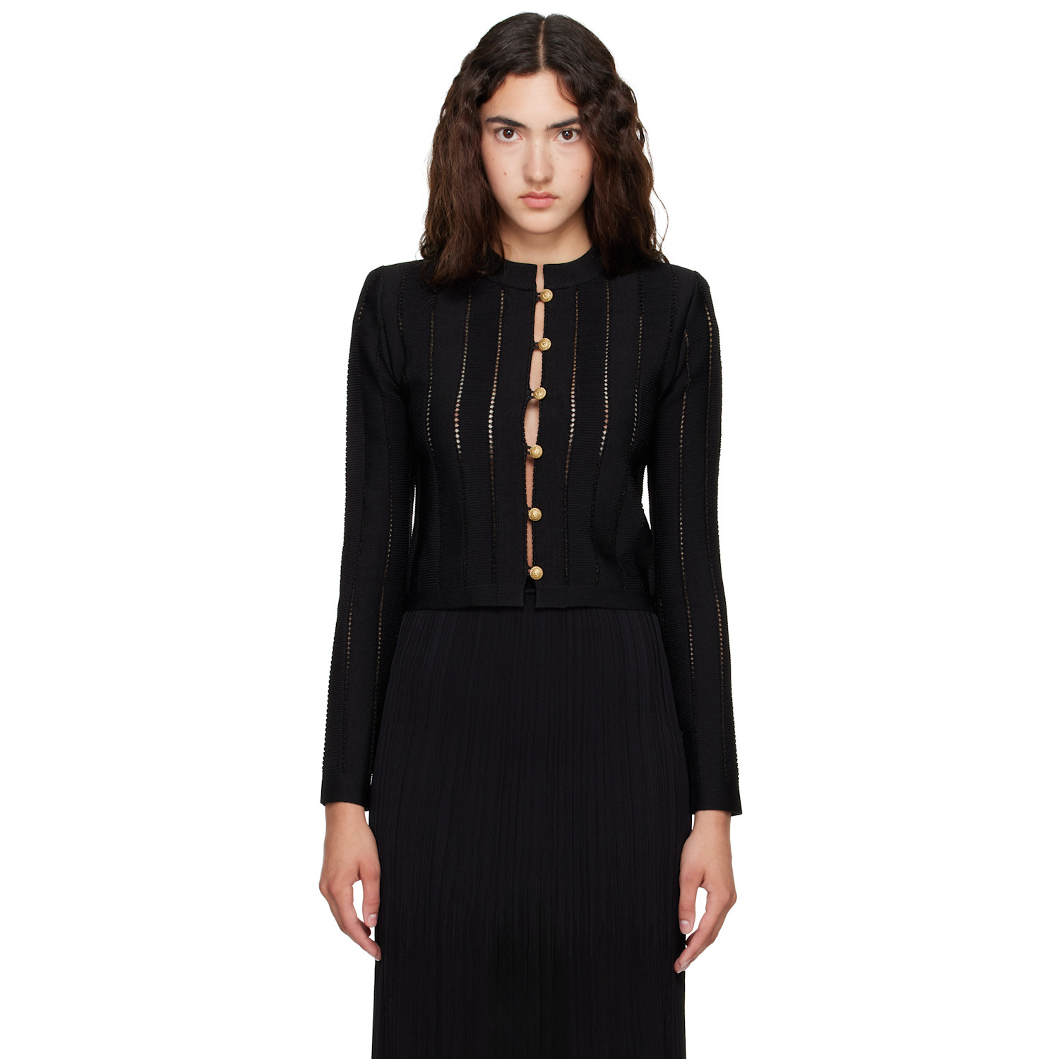 BALMAIN Black Cropped Fléchage Knit Cardigan