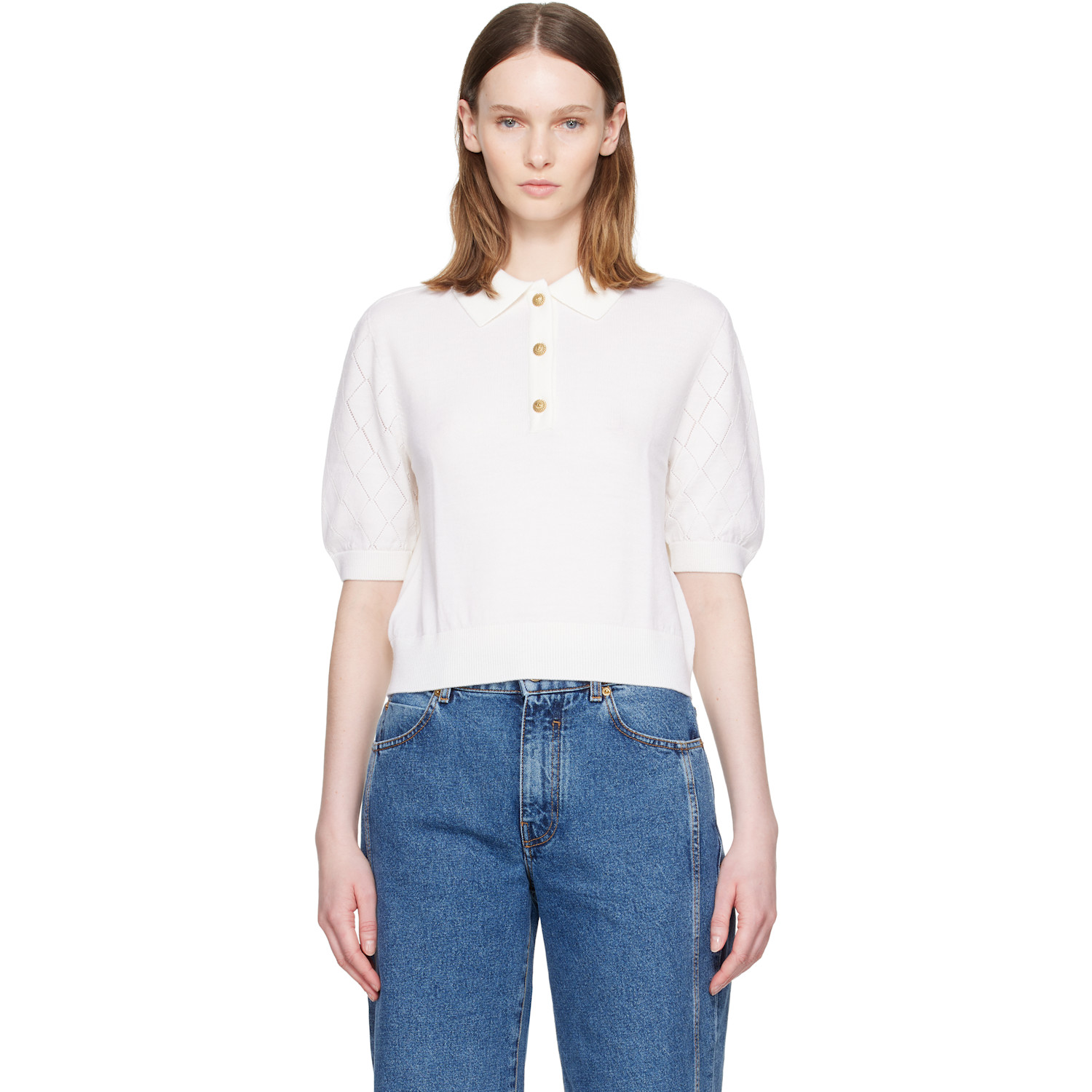 BALMAIN White 3-Button Quilted Polo