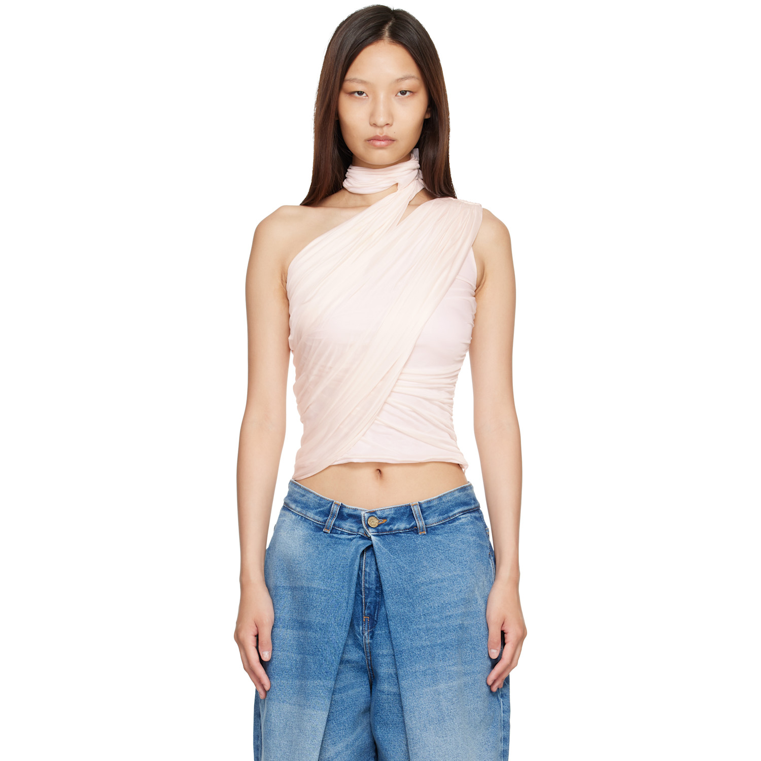 BALMAIN Pink Cross Neck Draped Fluid Jersey Top
