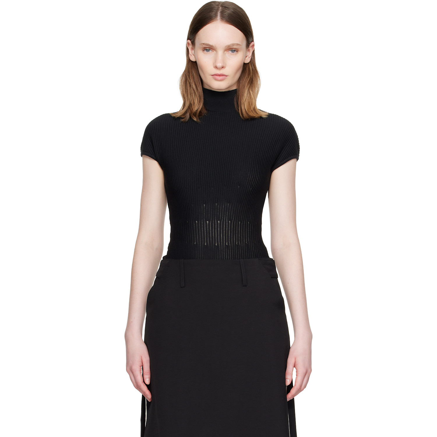 BALMAIN Black High Collar Knit Bodysuit
