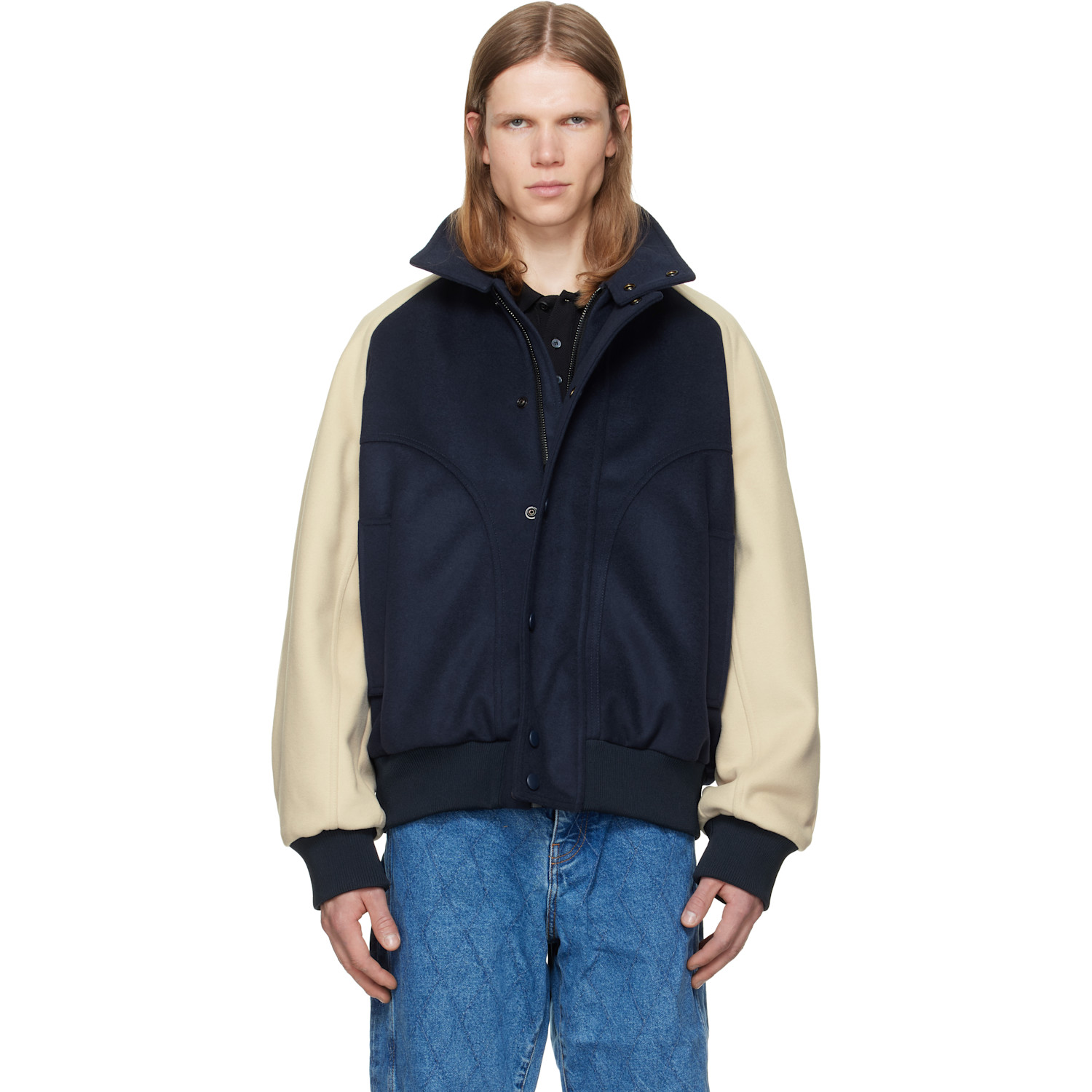 BALMAIN Navy & Off-White Vintage Wool Bicolor Bomber Jacket