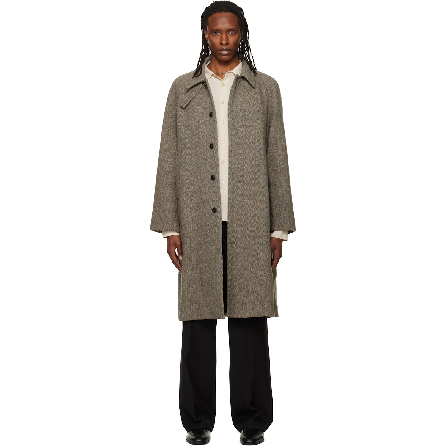 TONYWACK Beige Herringbone Wool Raglan Coat
