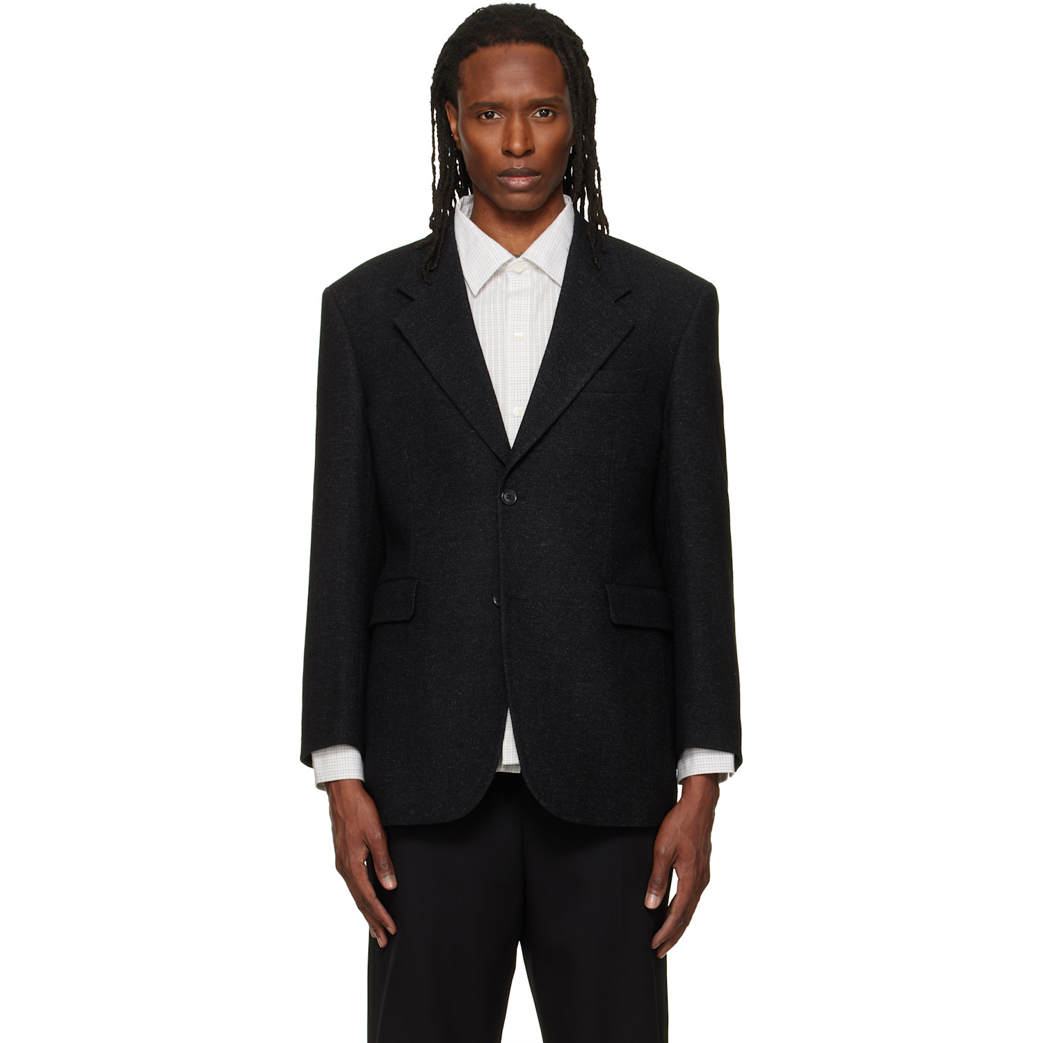 TONYWACK Black Herringbone Wool Relaxed Tailored Blazer