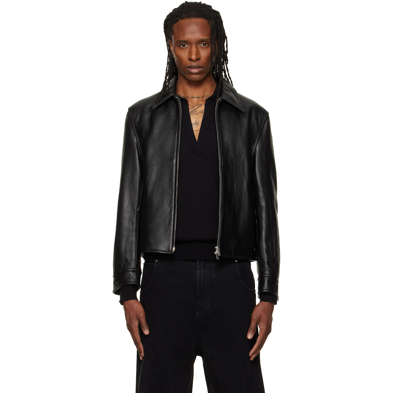 TONYWACK Black Buckle Zip Leather Jacket