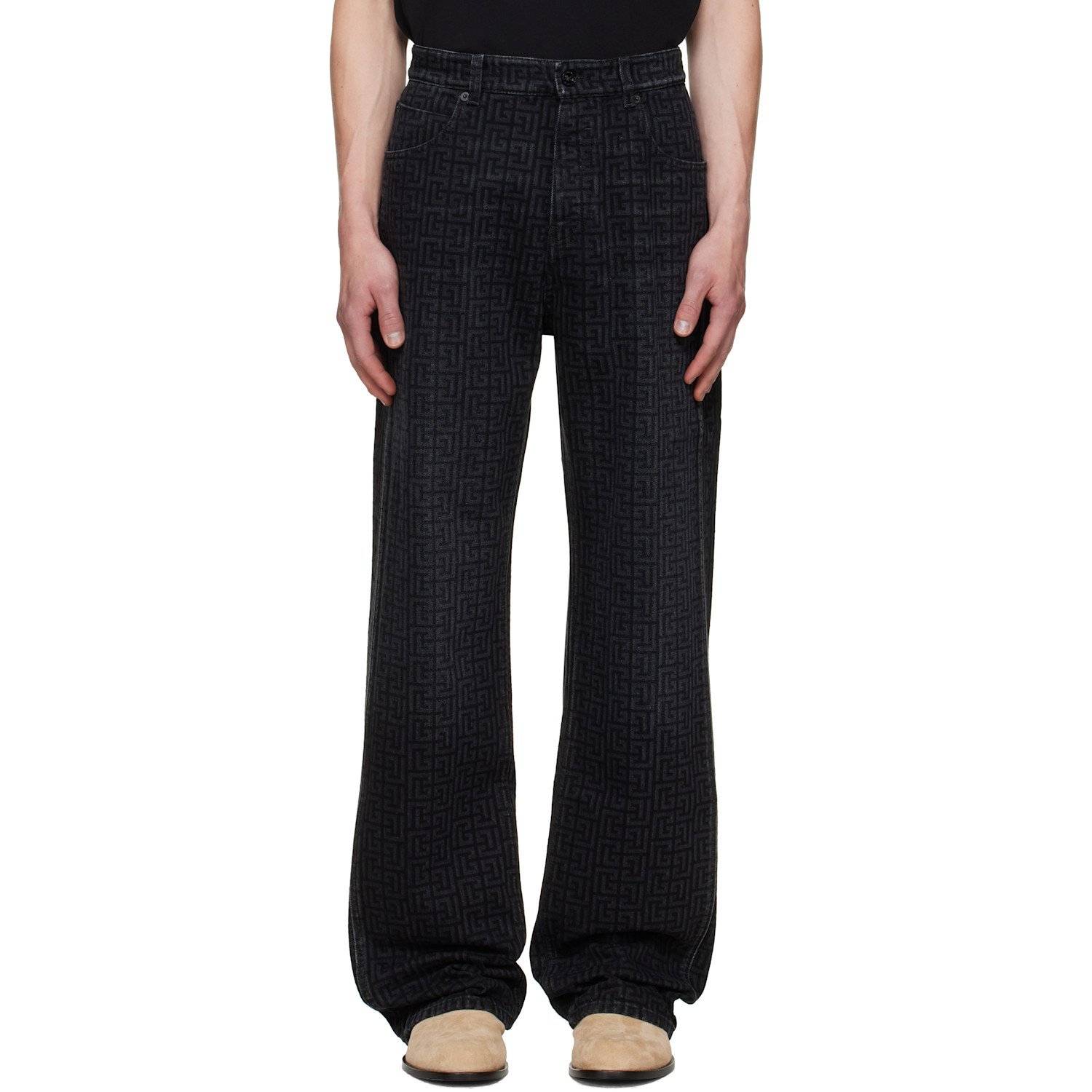 BALMAIN Black Monogram Loose Jeans
