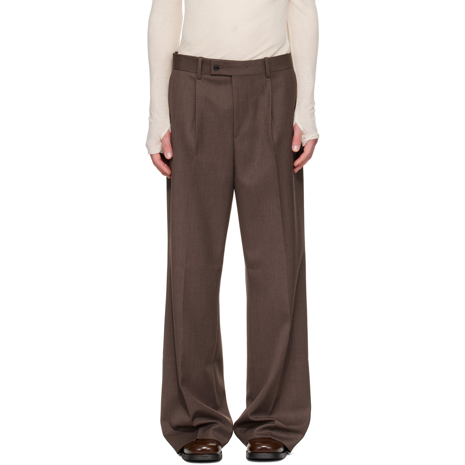 TONYWACK Brown Melange Wool Wide-Leg Pleated Trousers