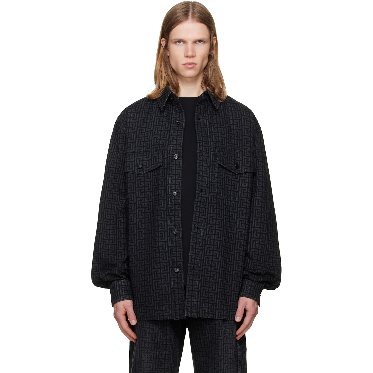 BALMAIN Black Monogram Denim Overshirt