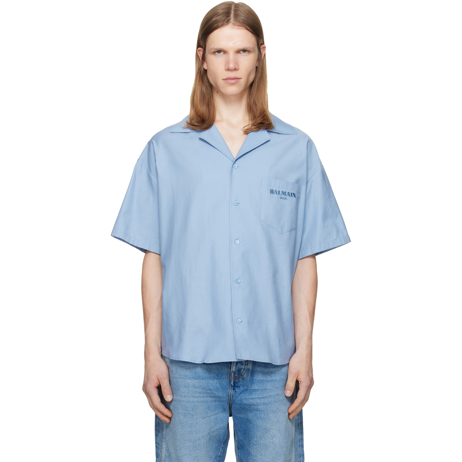 BALMAIN Blue Herringbone Poplin Short Sleeve Shirt