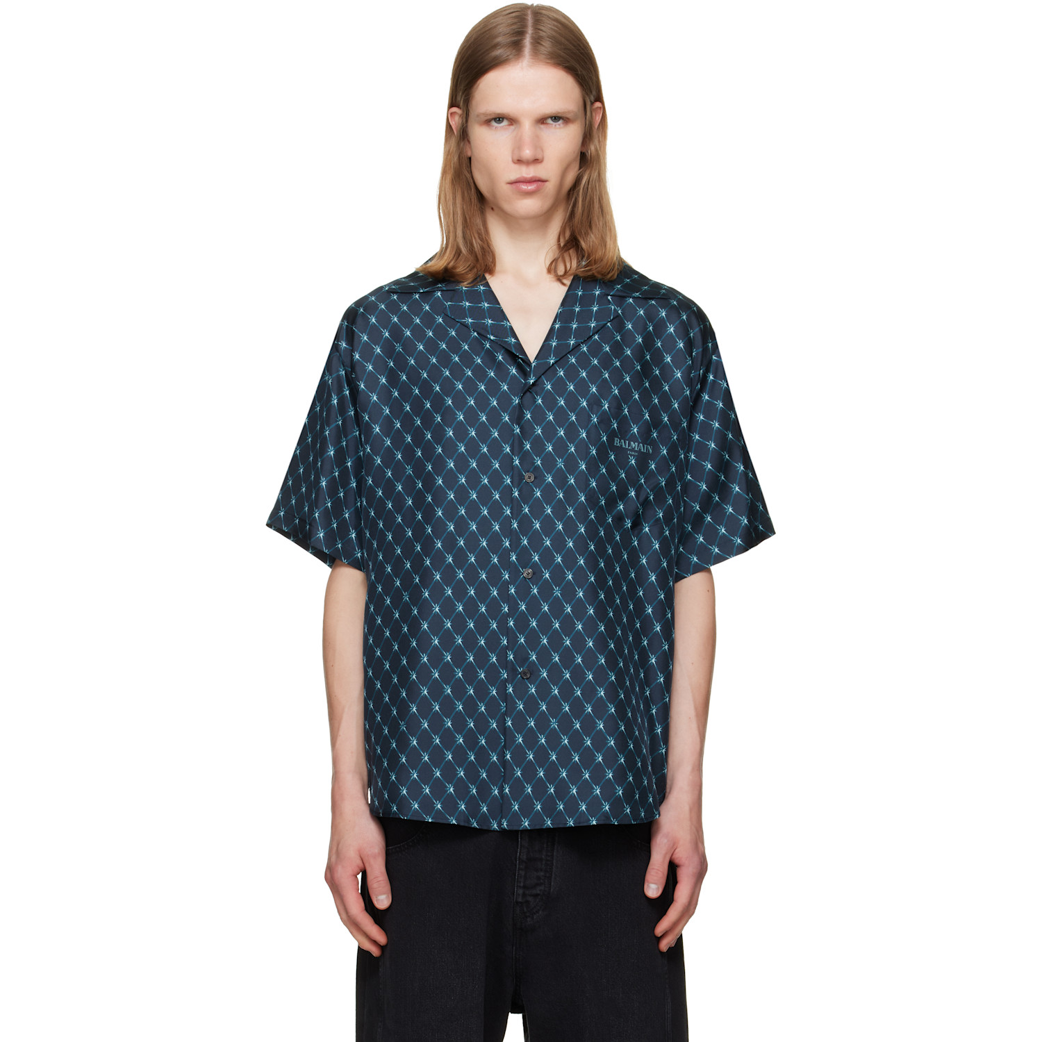BALMAIN Navy Grid Print Silk Loose S/S Shirt