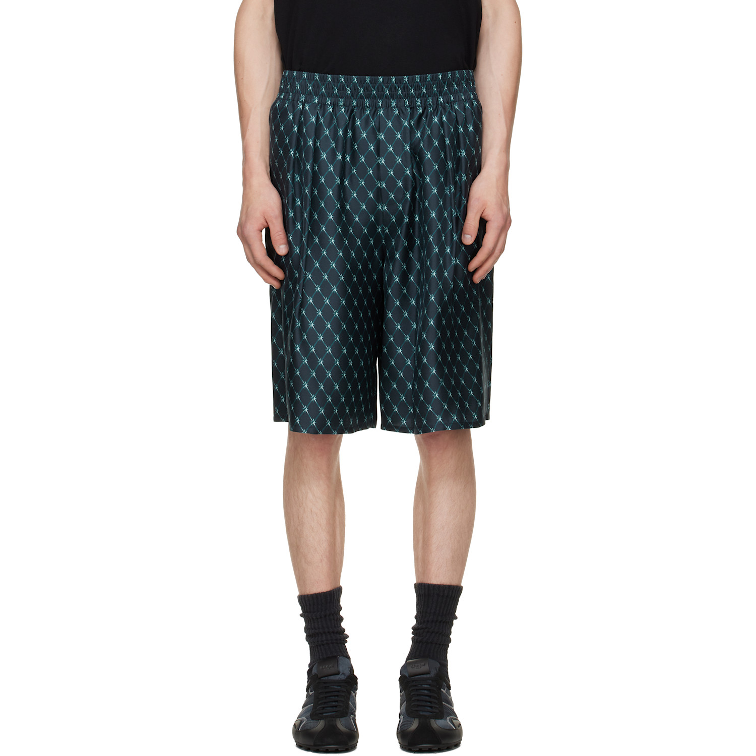 Balmain Blue Grid Print Silk Loose Pyjama Shorts In Sqd Bleu Nuit/bleu