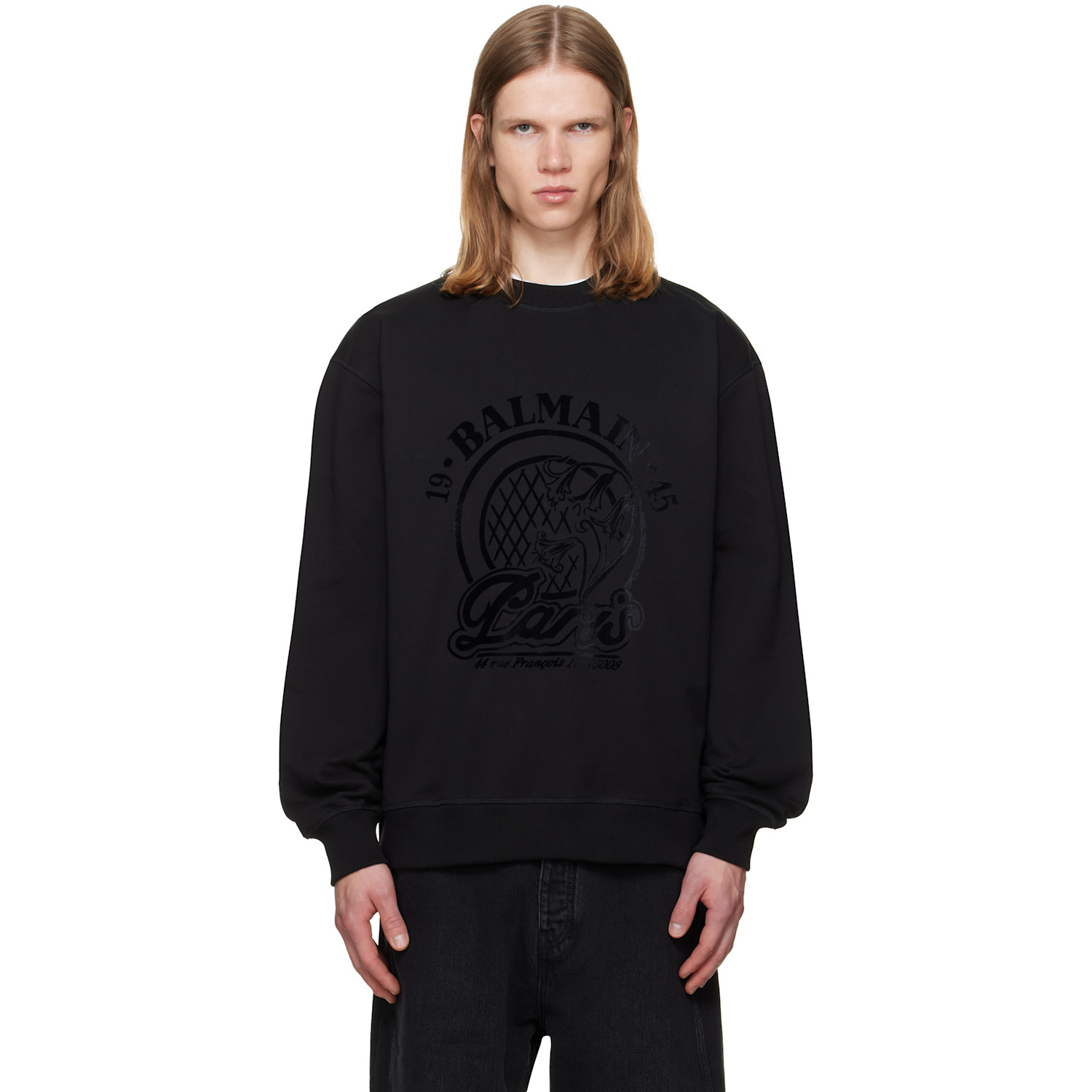 BALMAIN Black 'Balmain' Quilted Flock Sweatshirt