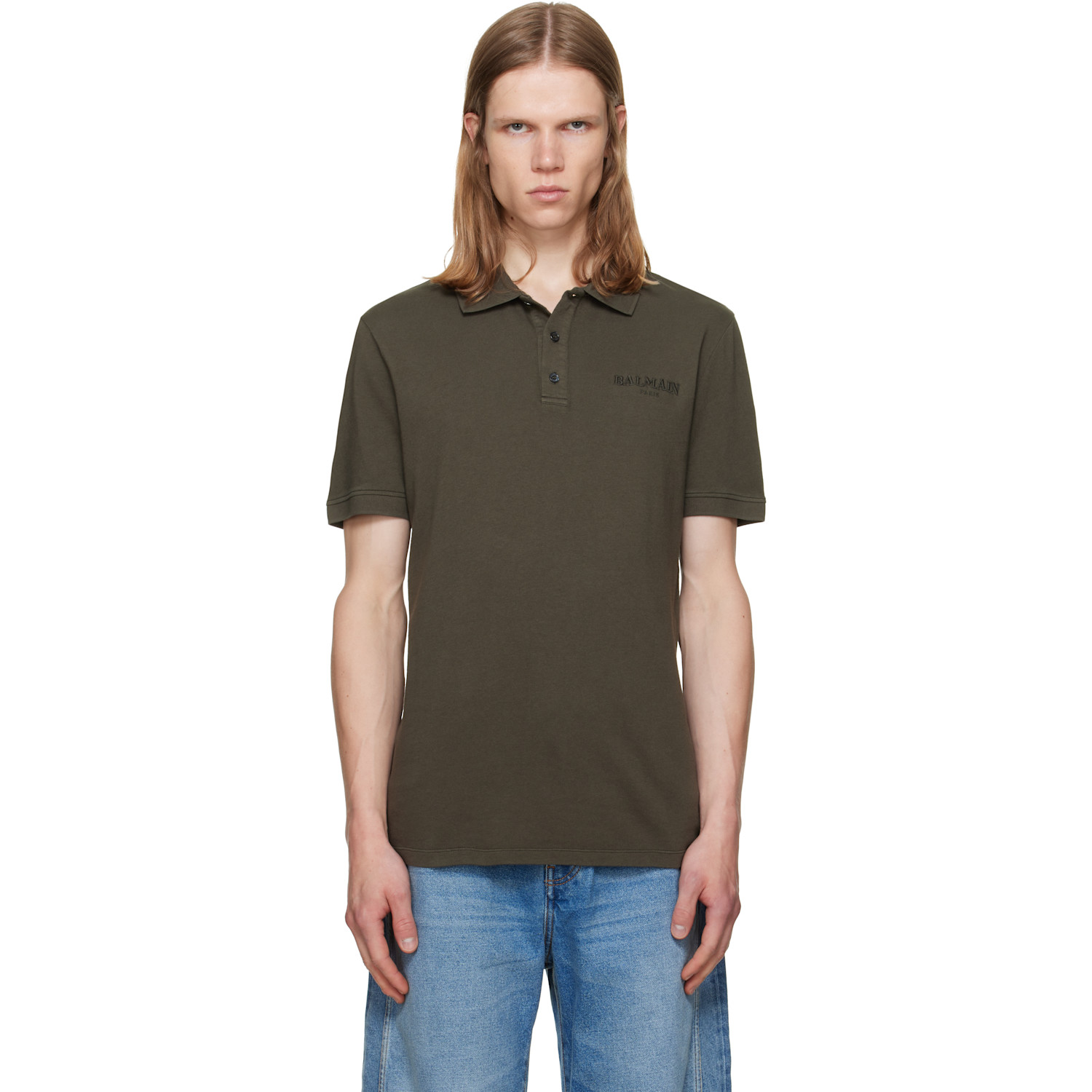 BALMAIN Khaki Small Vintage Embroidery Slim Fit Polo