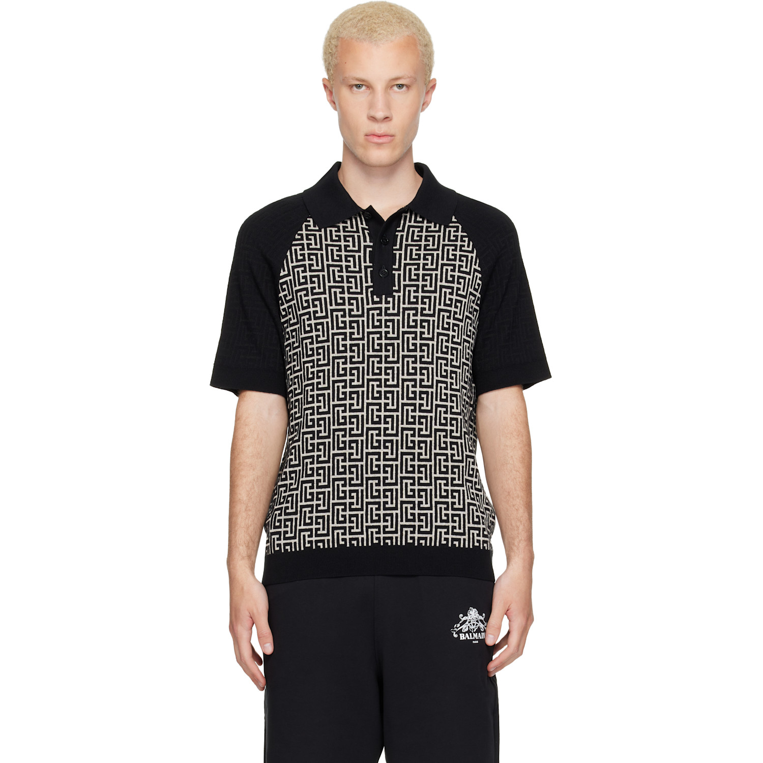 BALMAIN Black & White Monogram Cotton Linen Knit Polo