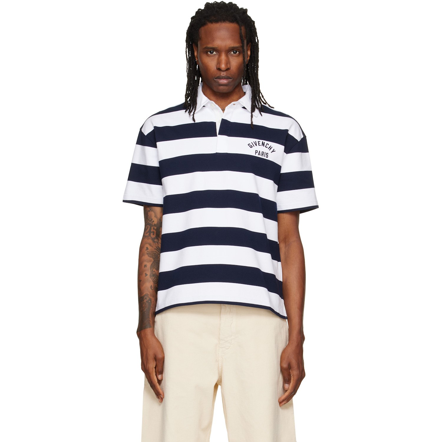 Givenchy White & Navy Striped 'Givenchy Paris' Embroidery Polo