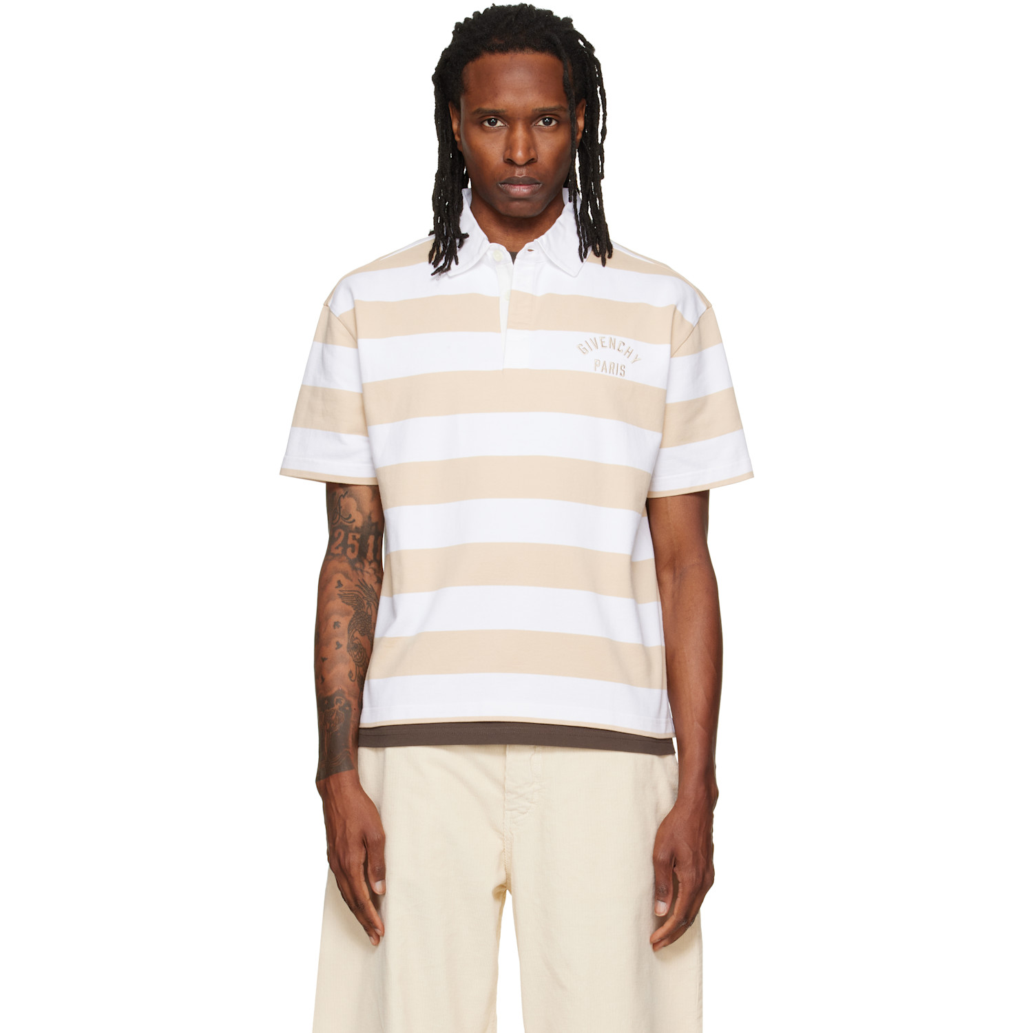Givenchy Beige & White Striped 'Givenchy Paris' Embroidery Polo