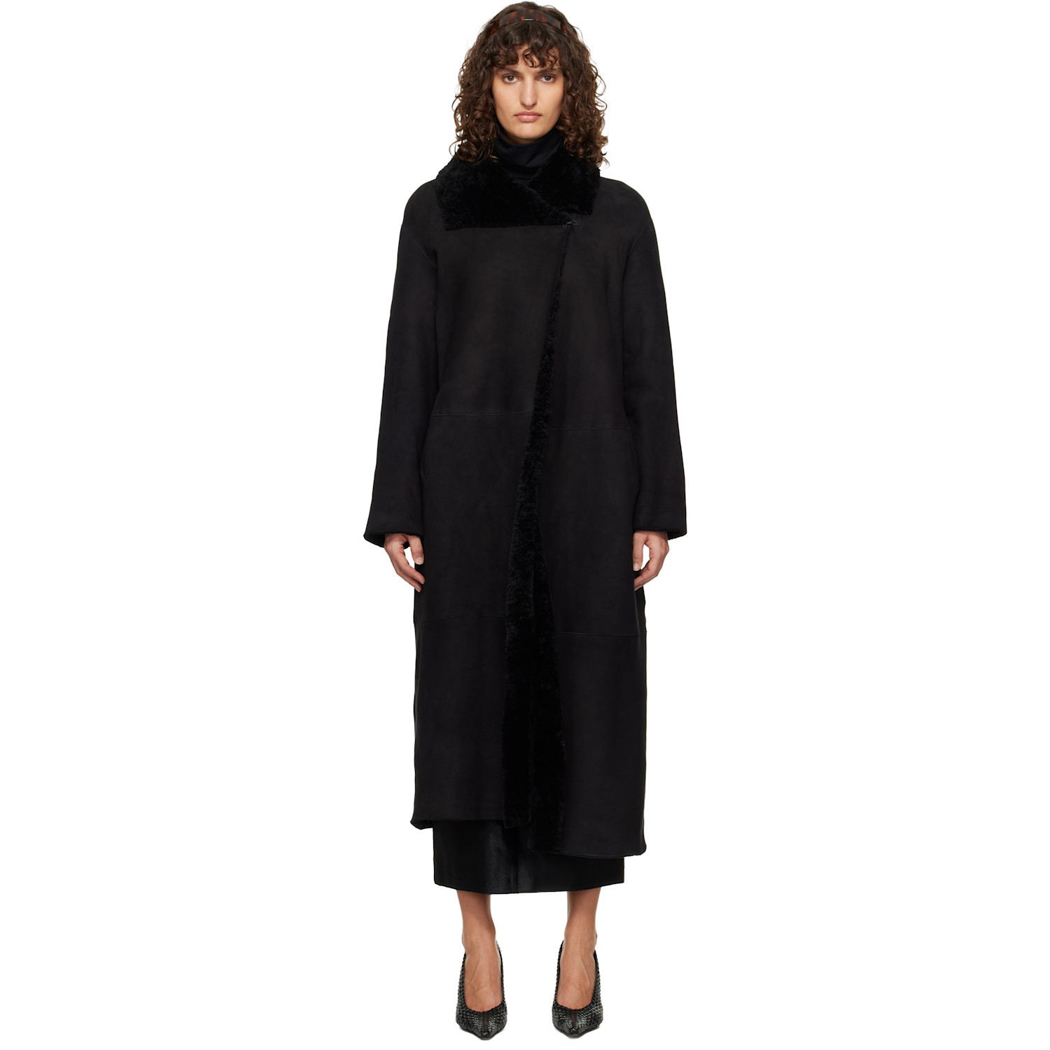 Nour Hammour Black Draped Shearling Birthday Coat