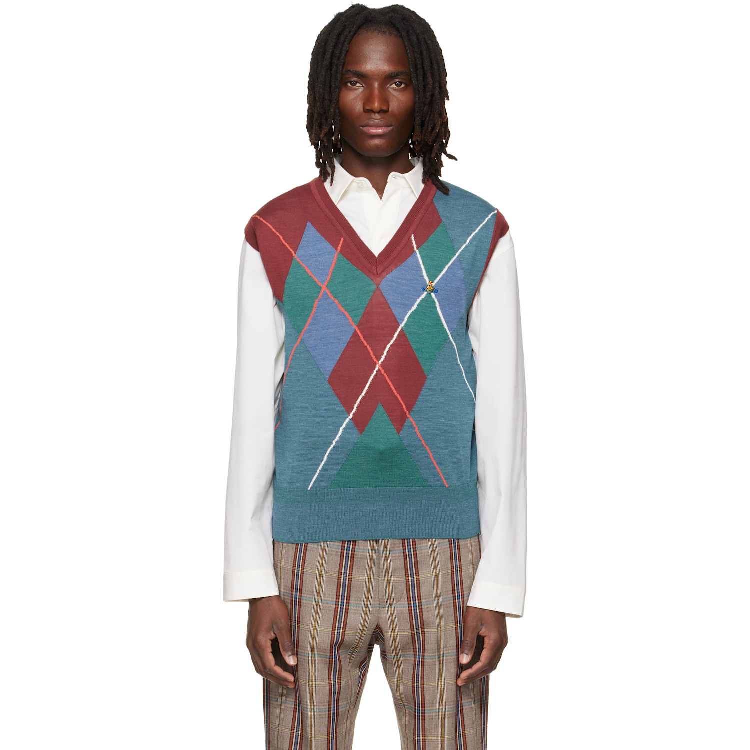 Vivienne Westwood Burgundy & Blue Argyle Vest