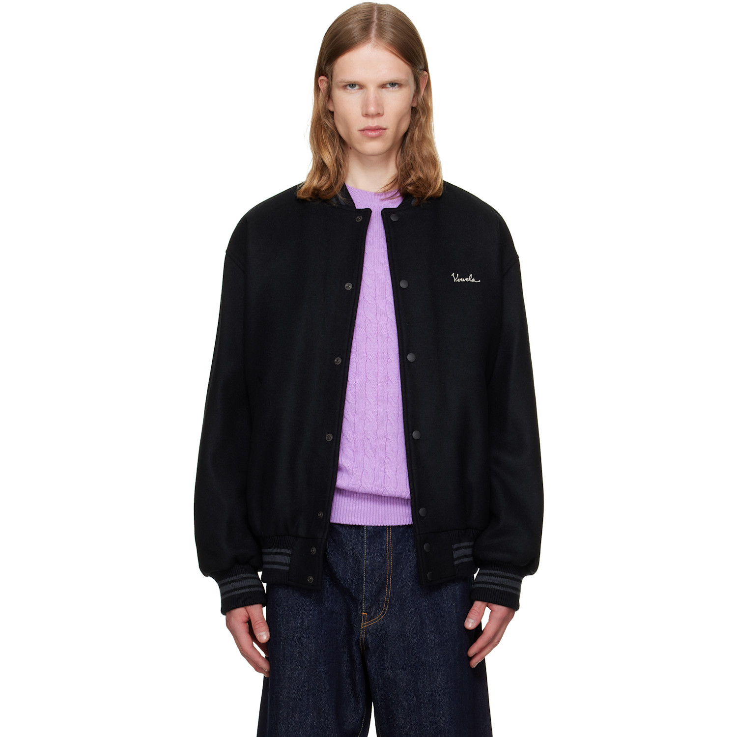 vowels Black Wool Varsity Bomber Jacket