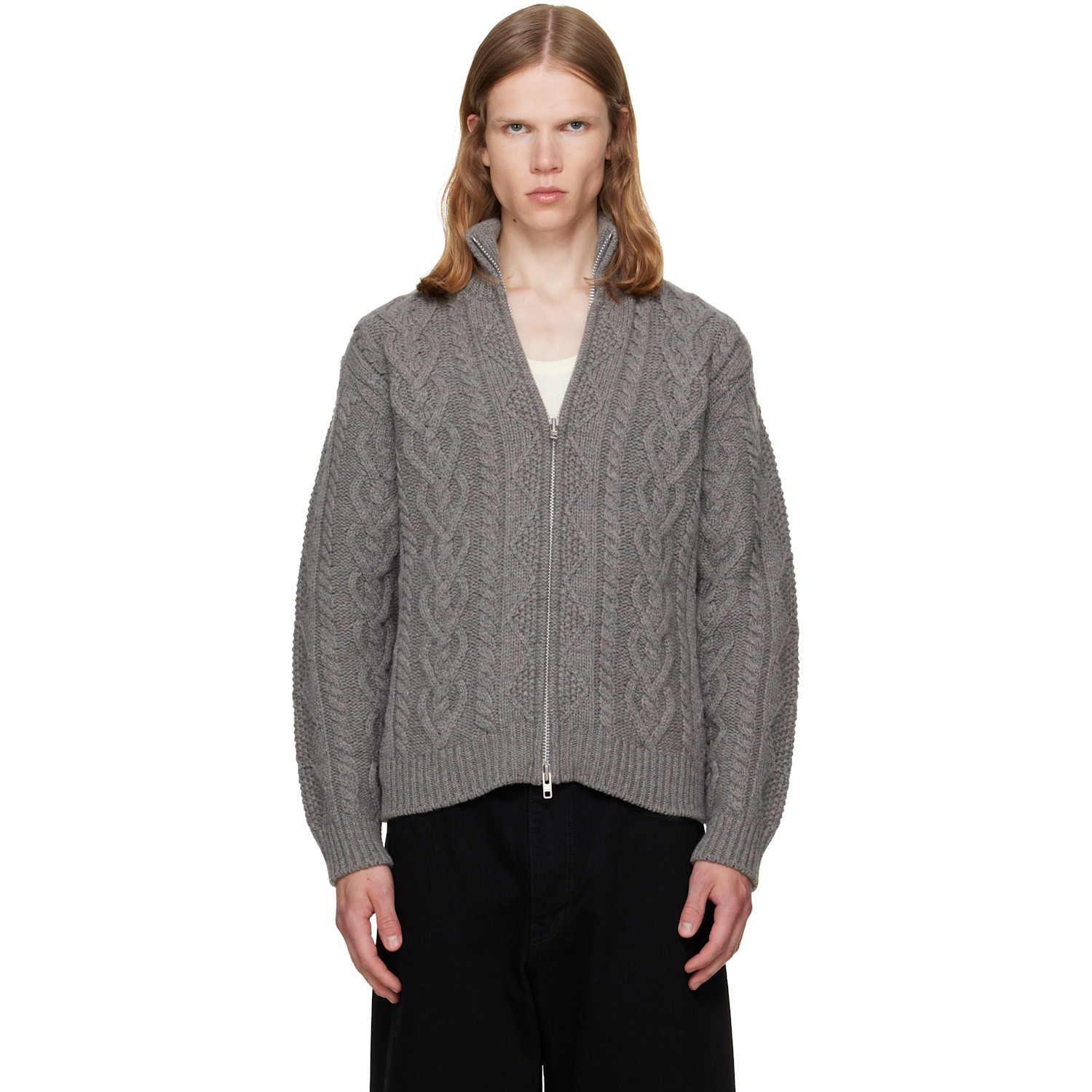 vowels Gray Cable Knit Zip-Up Cardigan