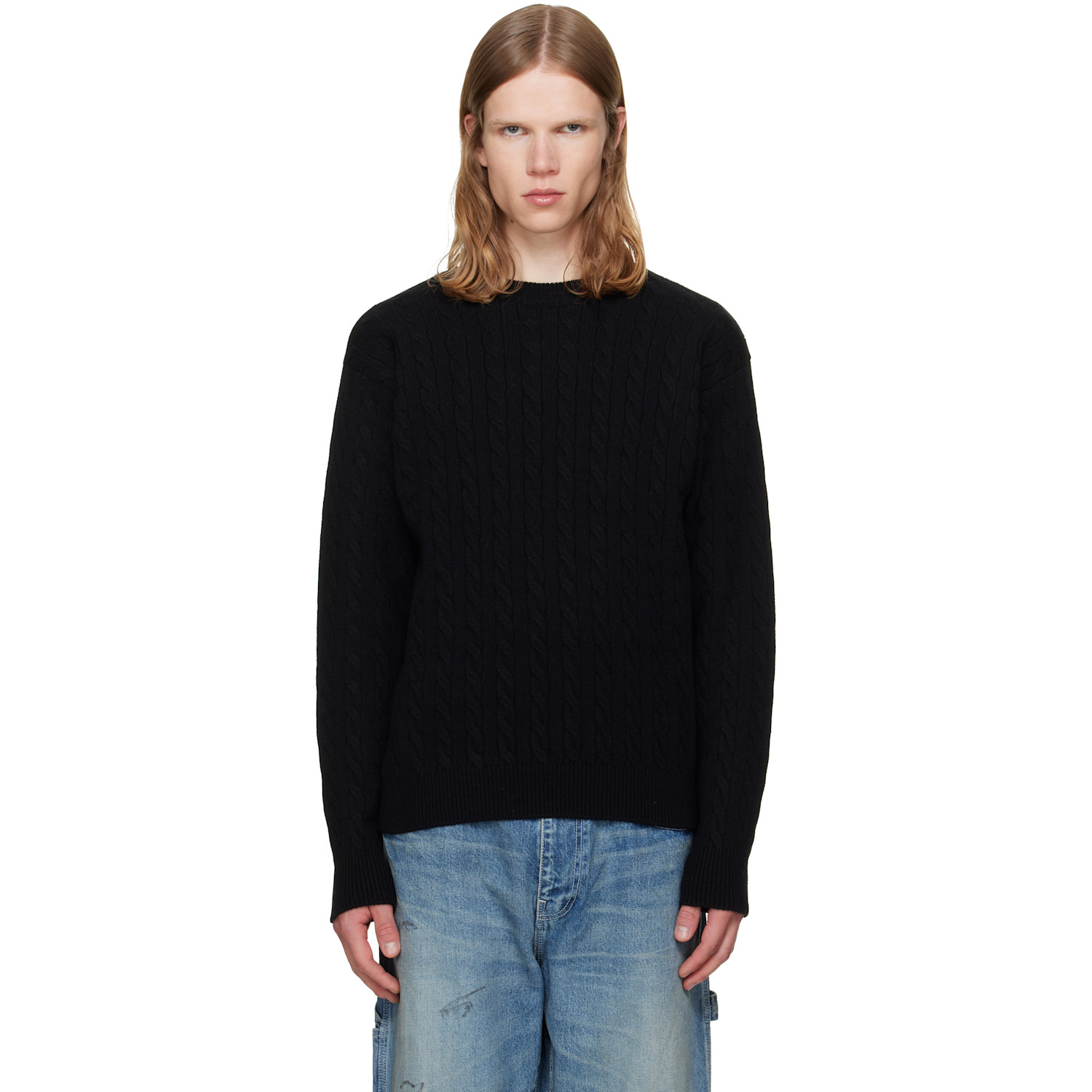 vowels Black Cable Knit Crewneck Sweater