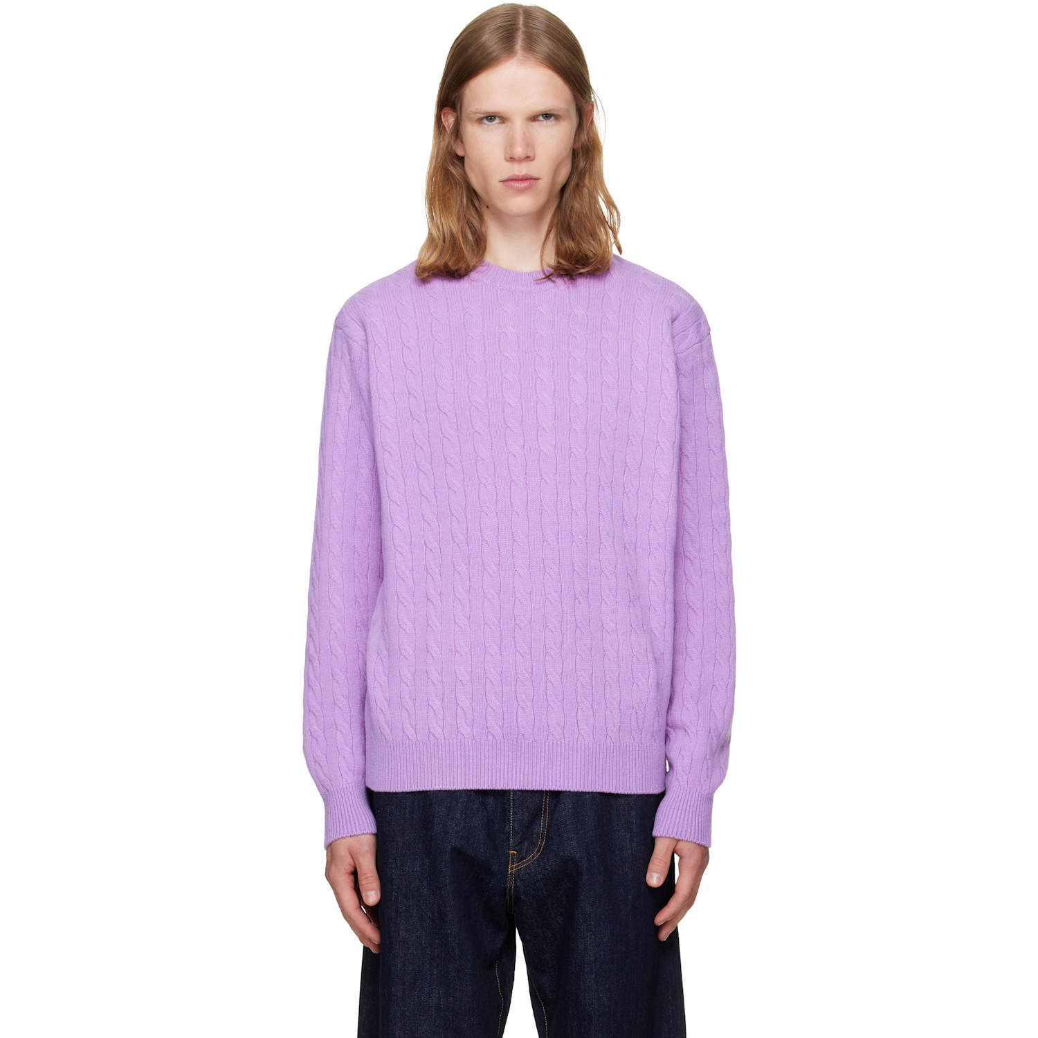 vowels Purple Cable Knit Crewneck Sweater
