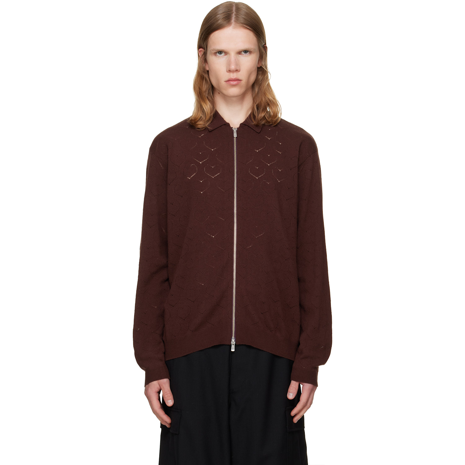 vowels Brown Eyelet Knitted Zip-Up Sweater