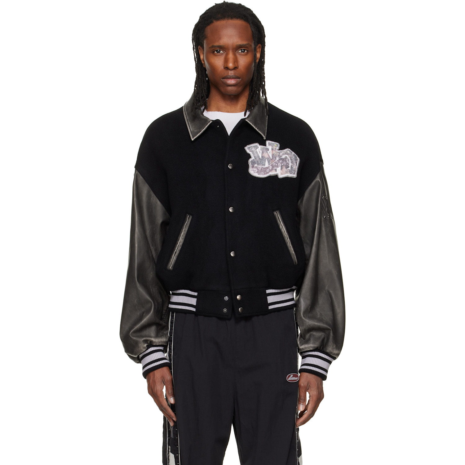 We11done Black Faux-Leather Varsity Jacket