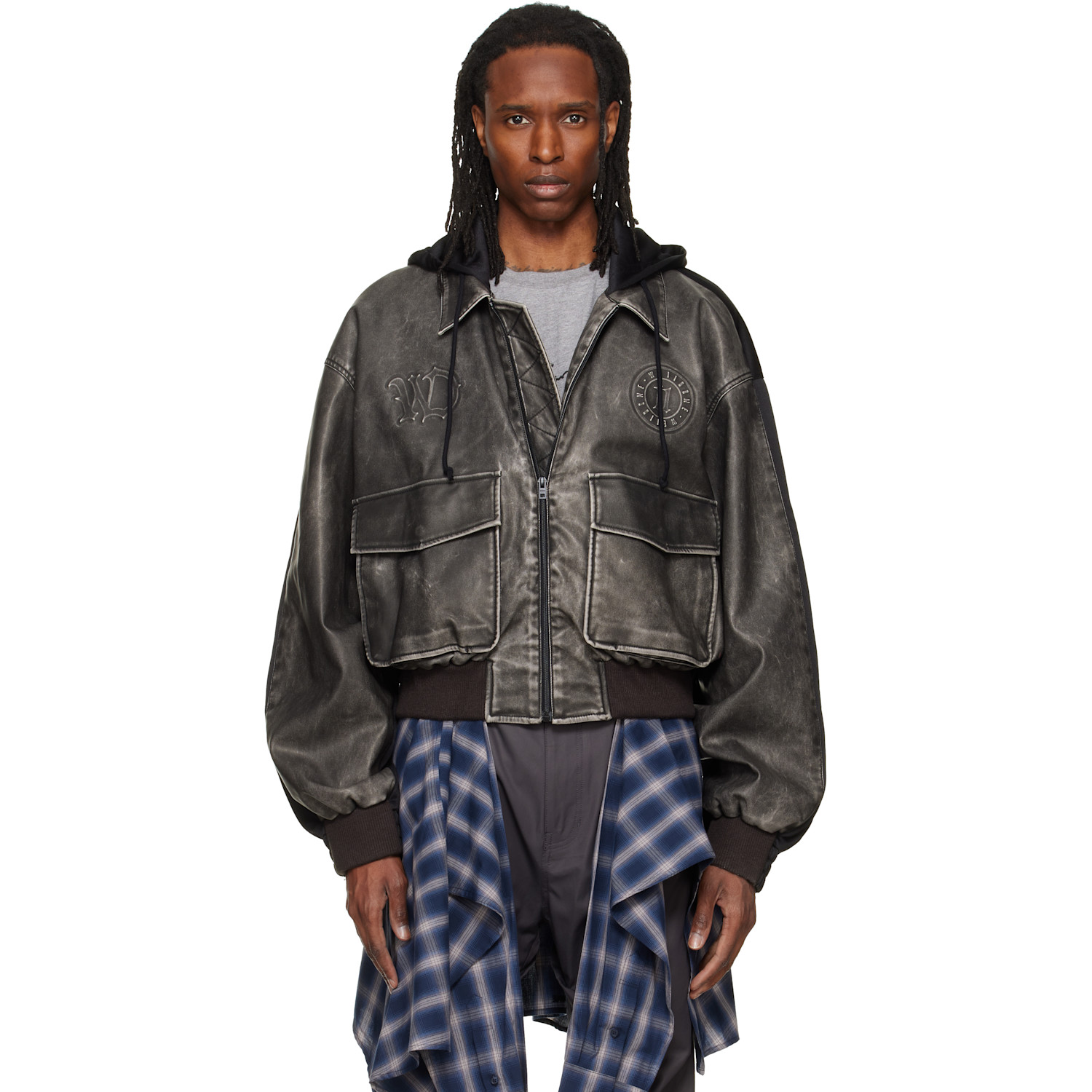 We11done Black Hybrid Hooded Faux-Leather Track Jacket