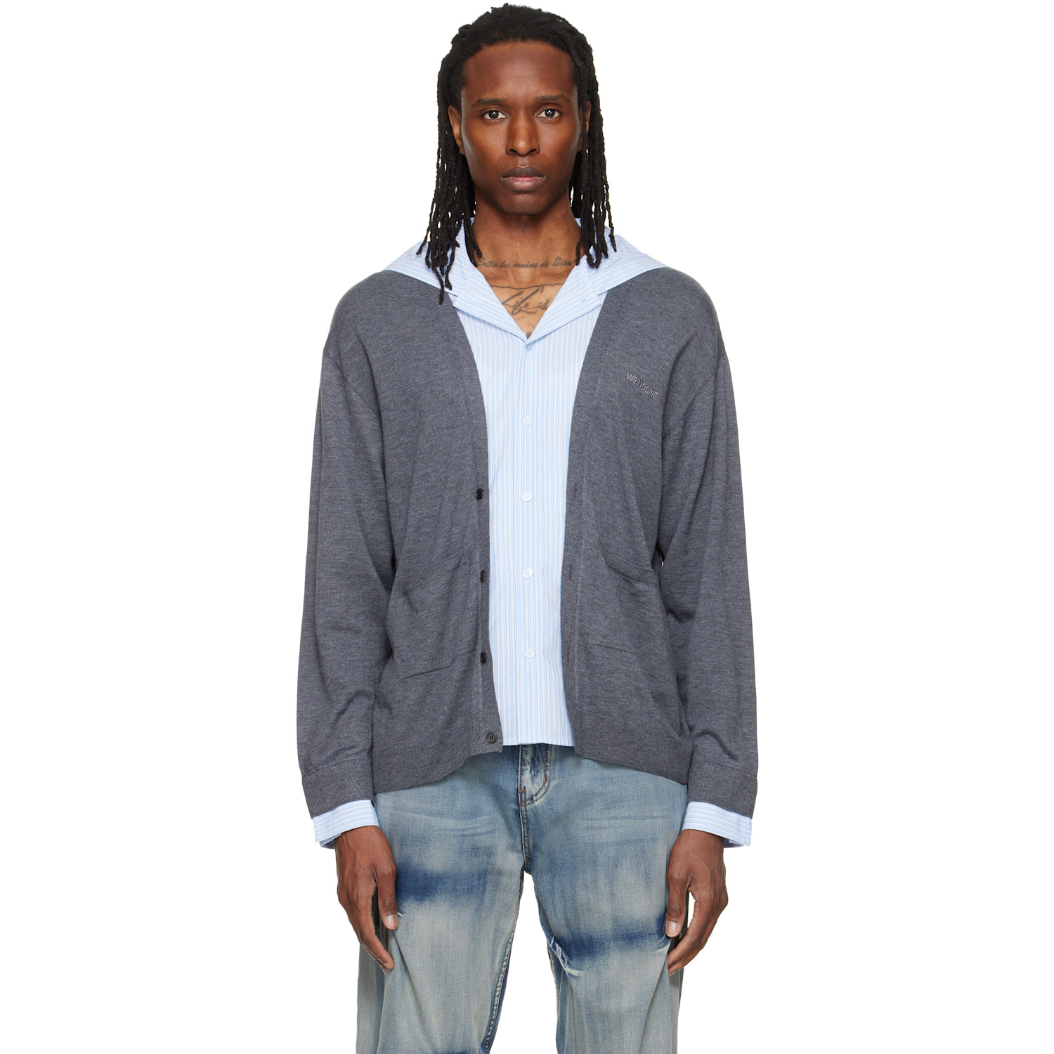 We11done Gray Hooded Shirt-Layered Cardigan