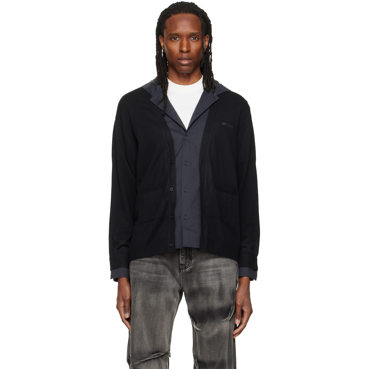 We11done Black Hooded Shirt-Layered Cardigan
