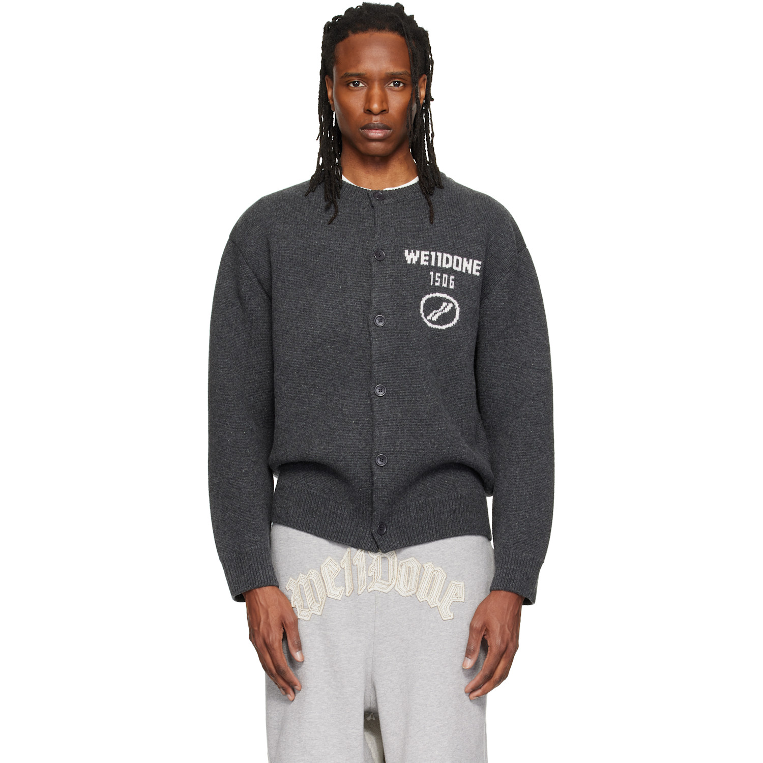 We11done Gray Logo Classic Cardigan