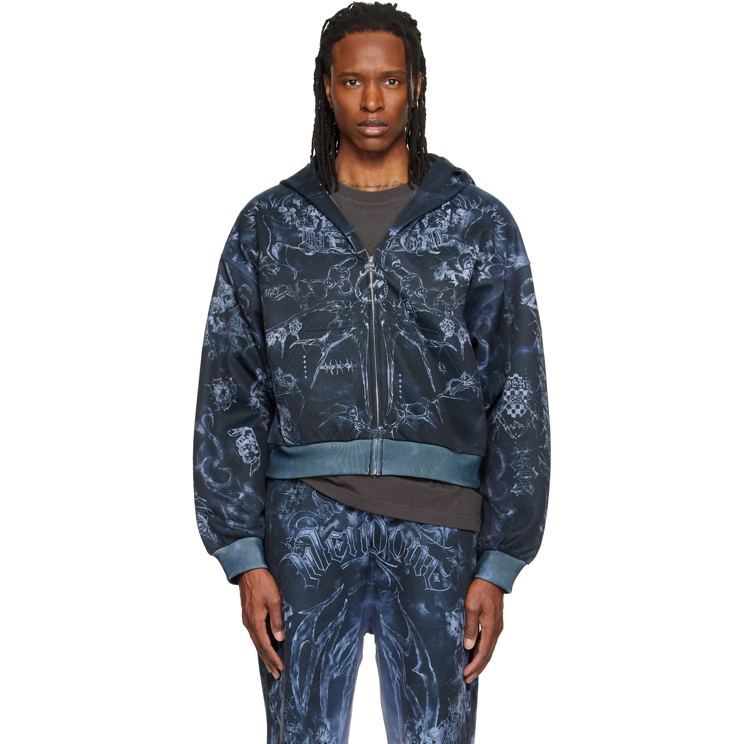 We11done Gray Tattoo Printed Zip-Up Hoodie